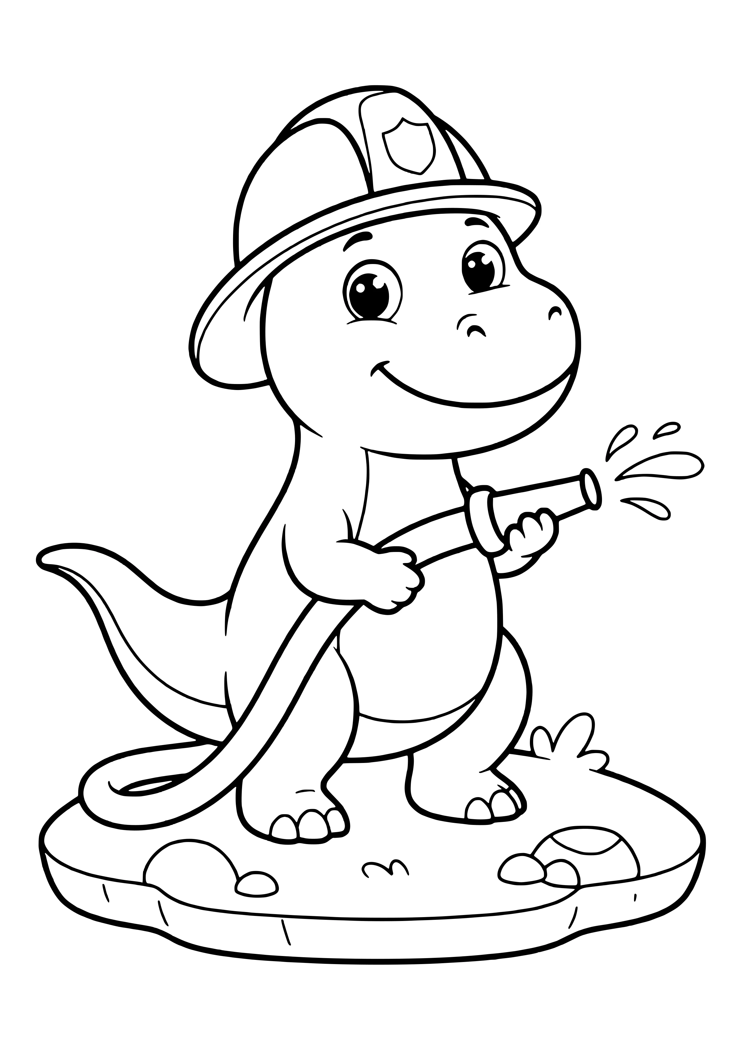 Dino mit Feuerwehrhelm hält einen dicken Wasserschlauch – Ausmalbild zum Ausdrucken