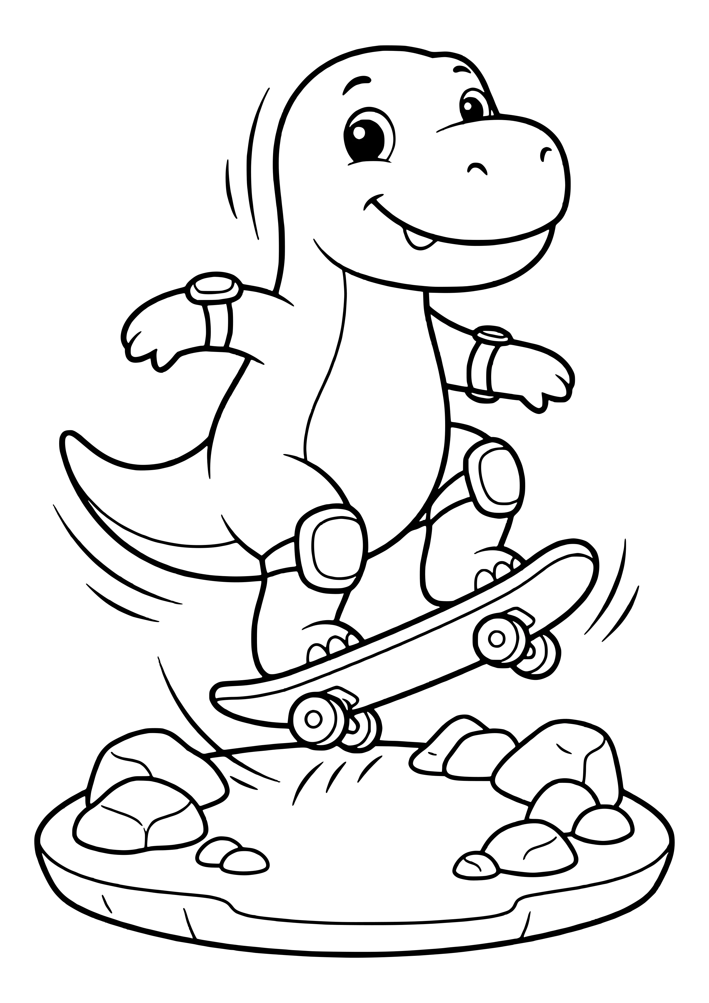 Dinosaur riding a skateboard and doing a small jump – printable coloring page