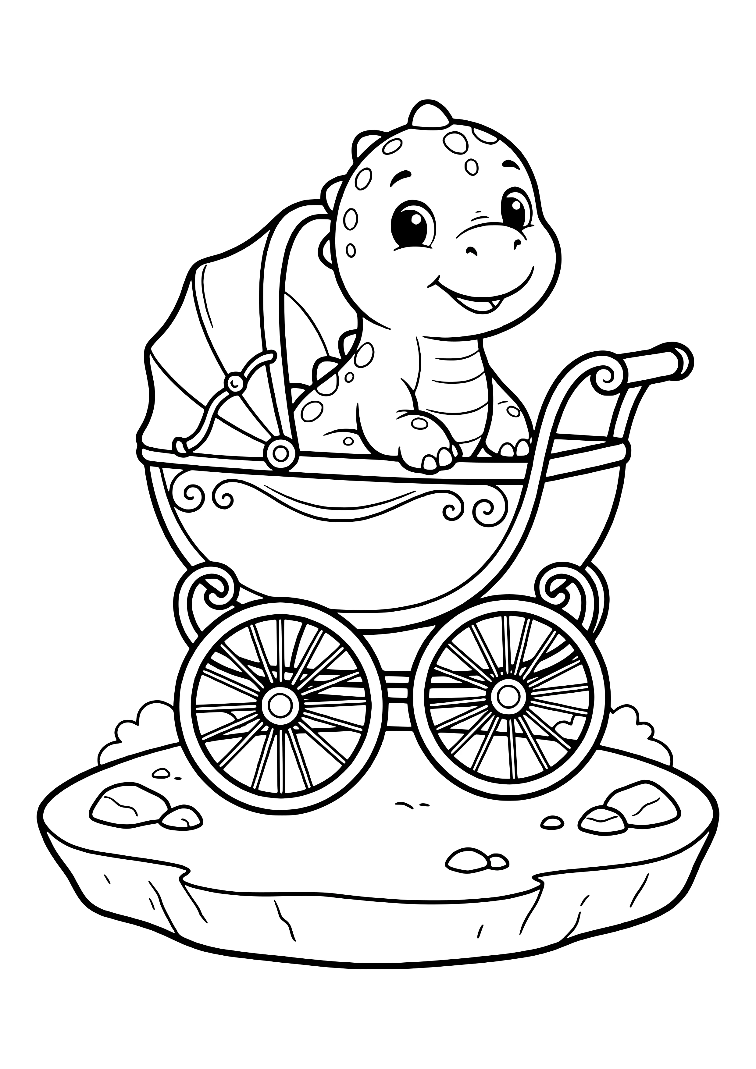 Baby dinosaur sitting happily in an old-fashioned baby carriage – printable coloring page