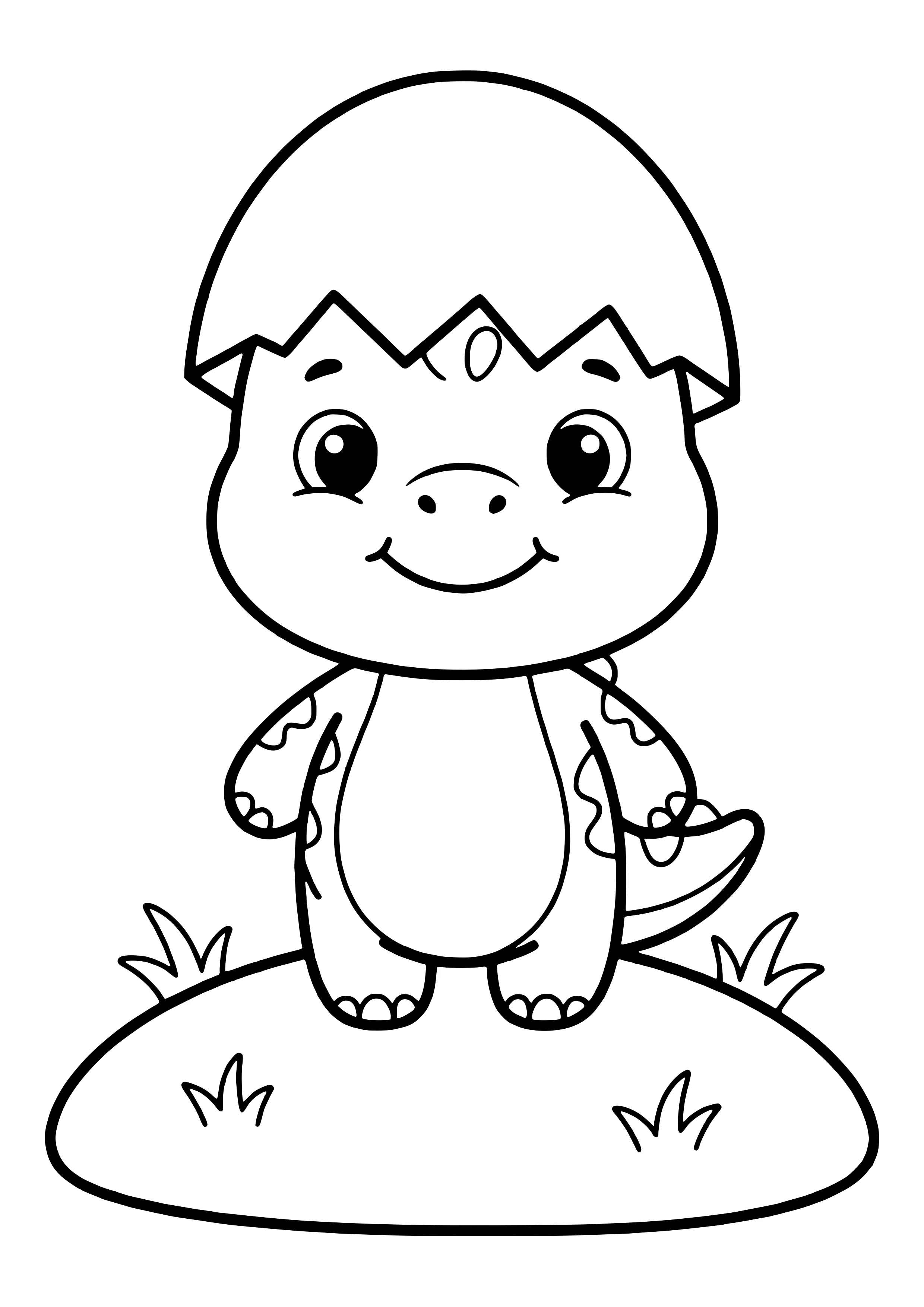 Small baby dinosaur wearing half of its eggshell like a hat – printable coloring page