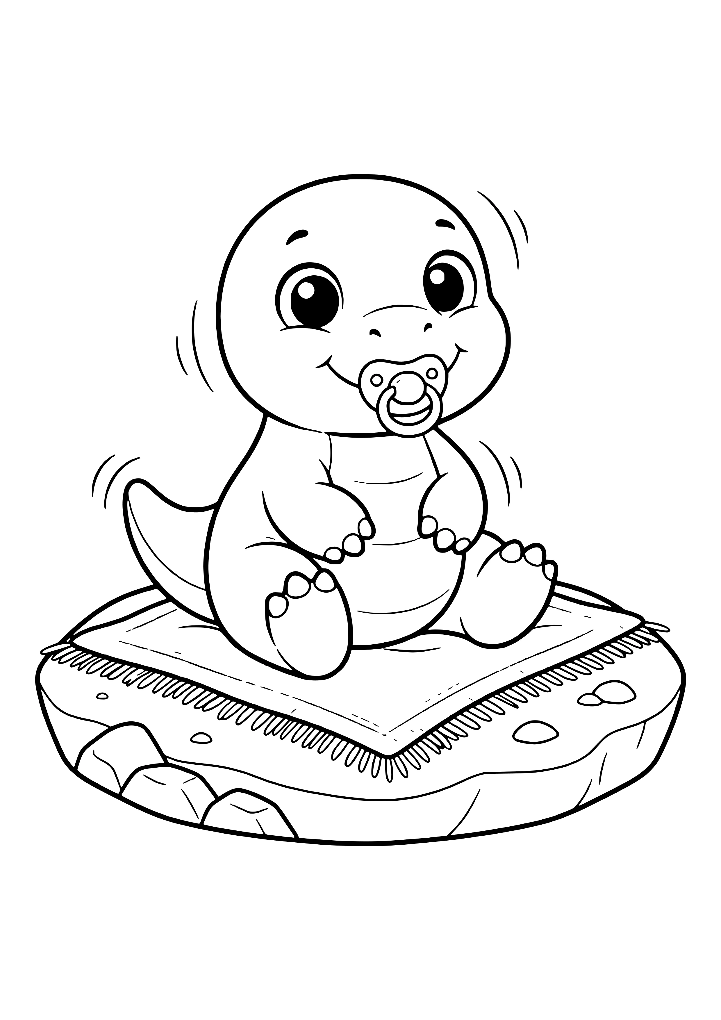 Small round baby dinosaur with a pacifier sitting on a blanket – printable coloring page