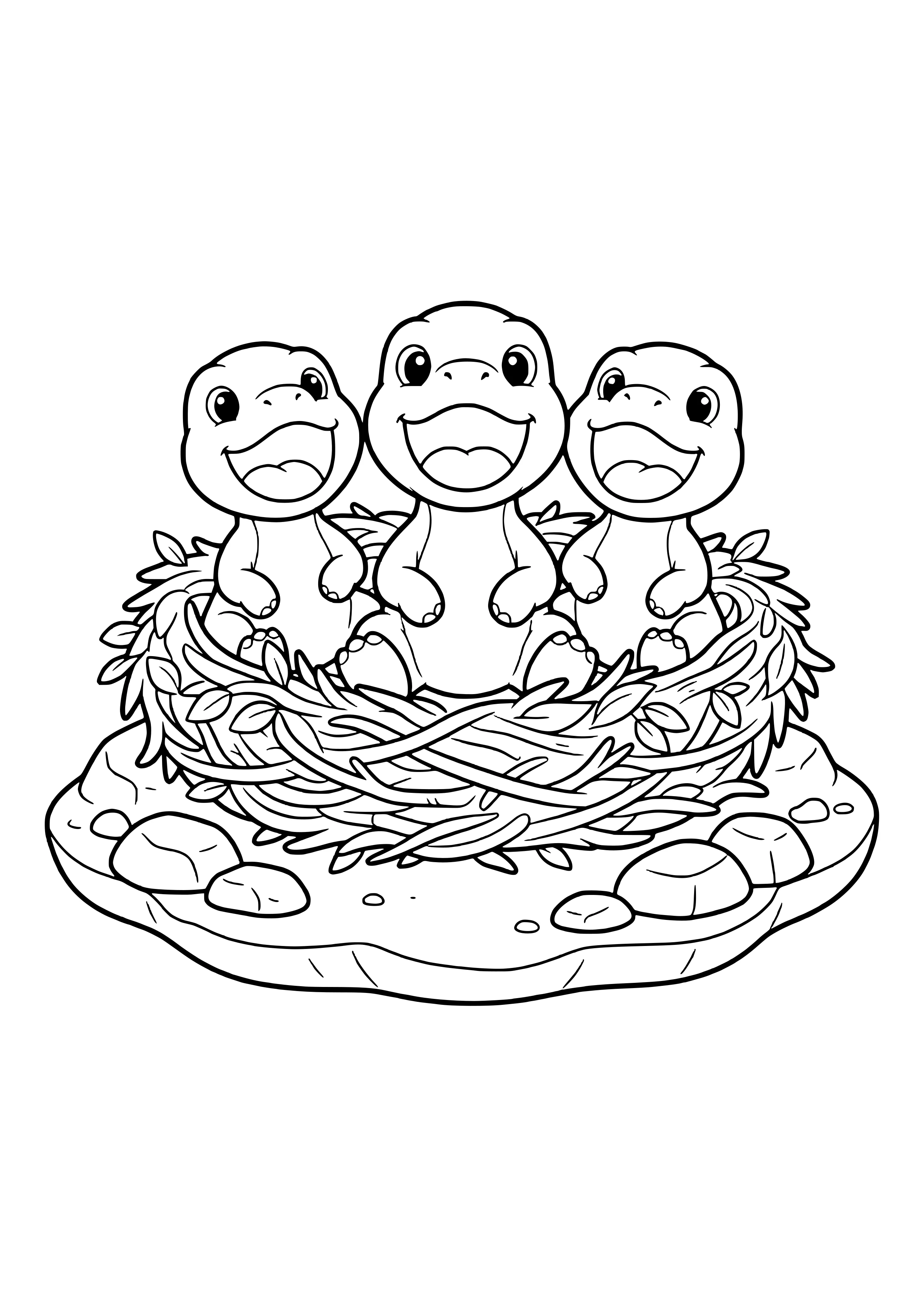 Three baby dinosaurs sitting in a nest with round mouths wide open – printable coloring page
