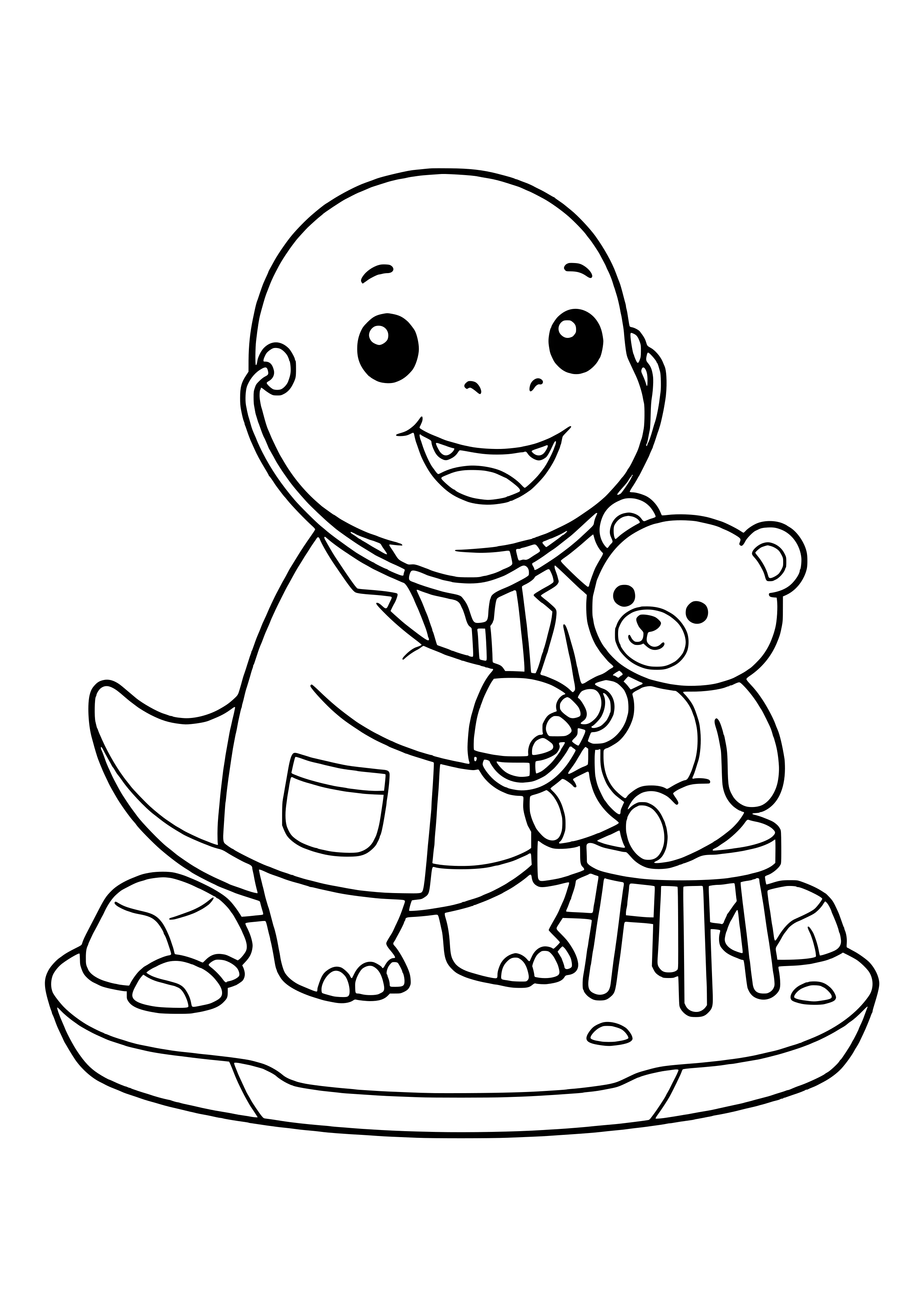 Dinosaur wearing a doctor’s coat and stethoscope examining a teddy bear – printable coloring page