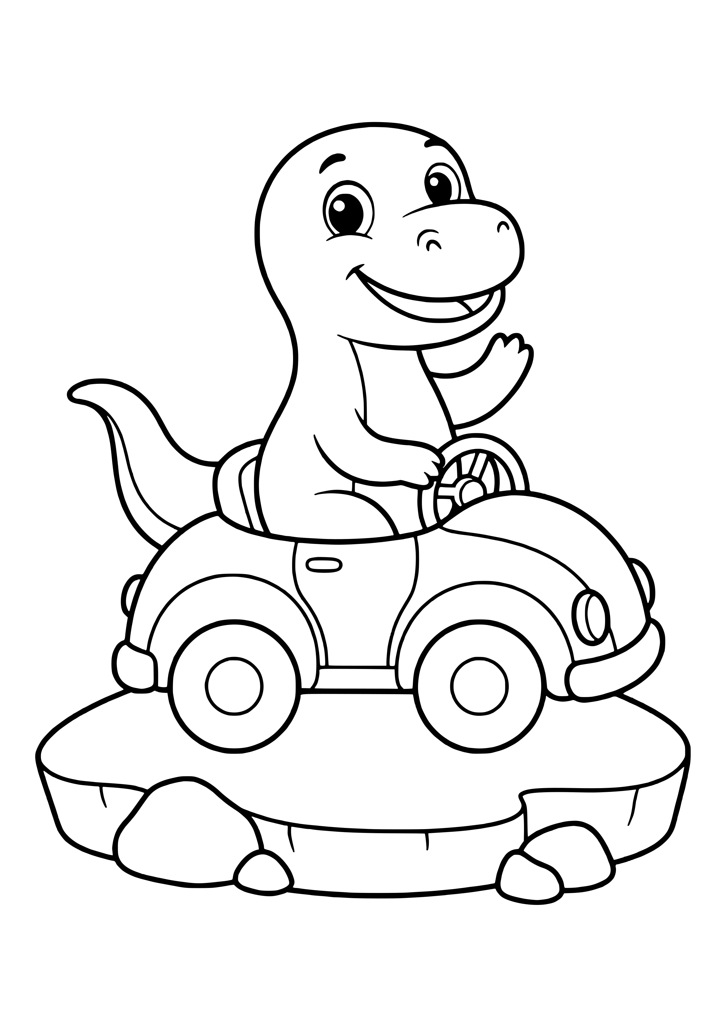 Dinosaur sitting in a small round car and waving – printable coloring page