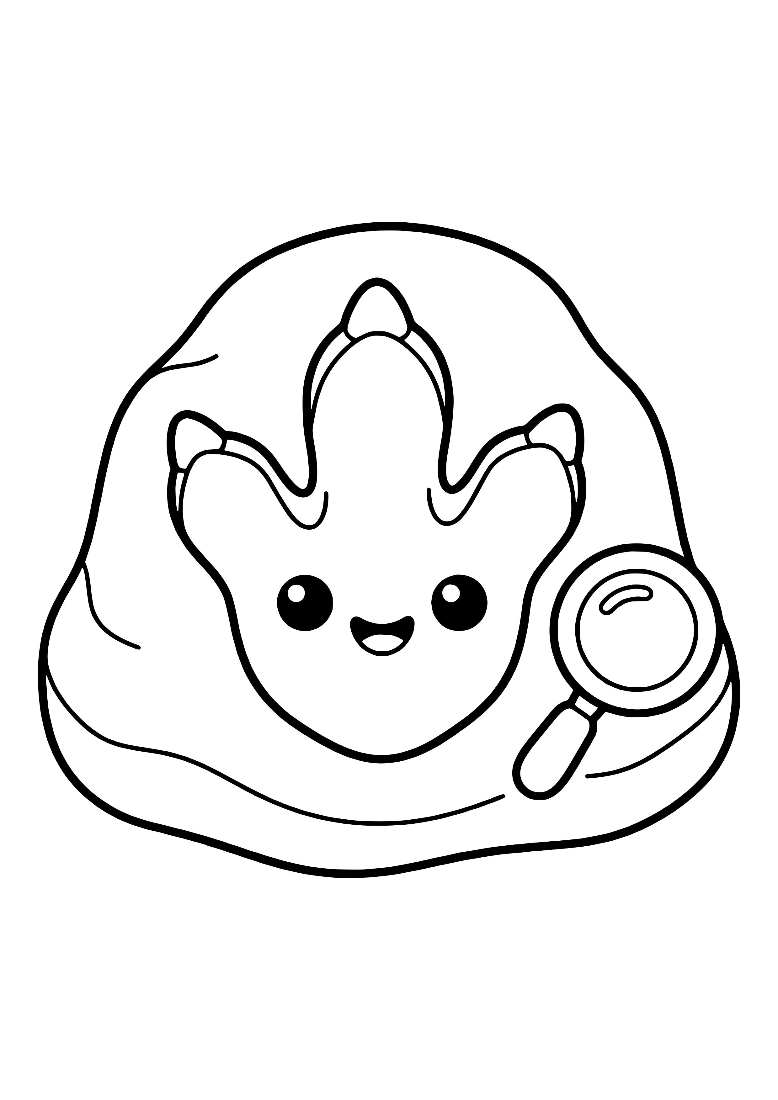 Large three-toed dinosaur footprint in stone with a smiling face and a magnifying glass beside it – printable coloring page
