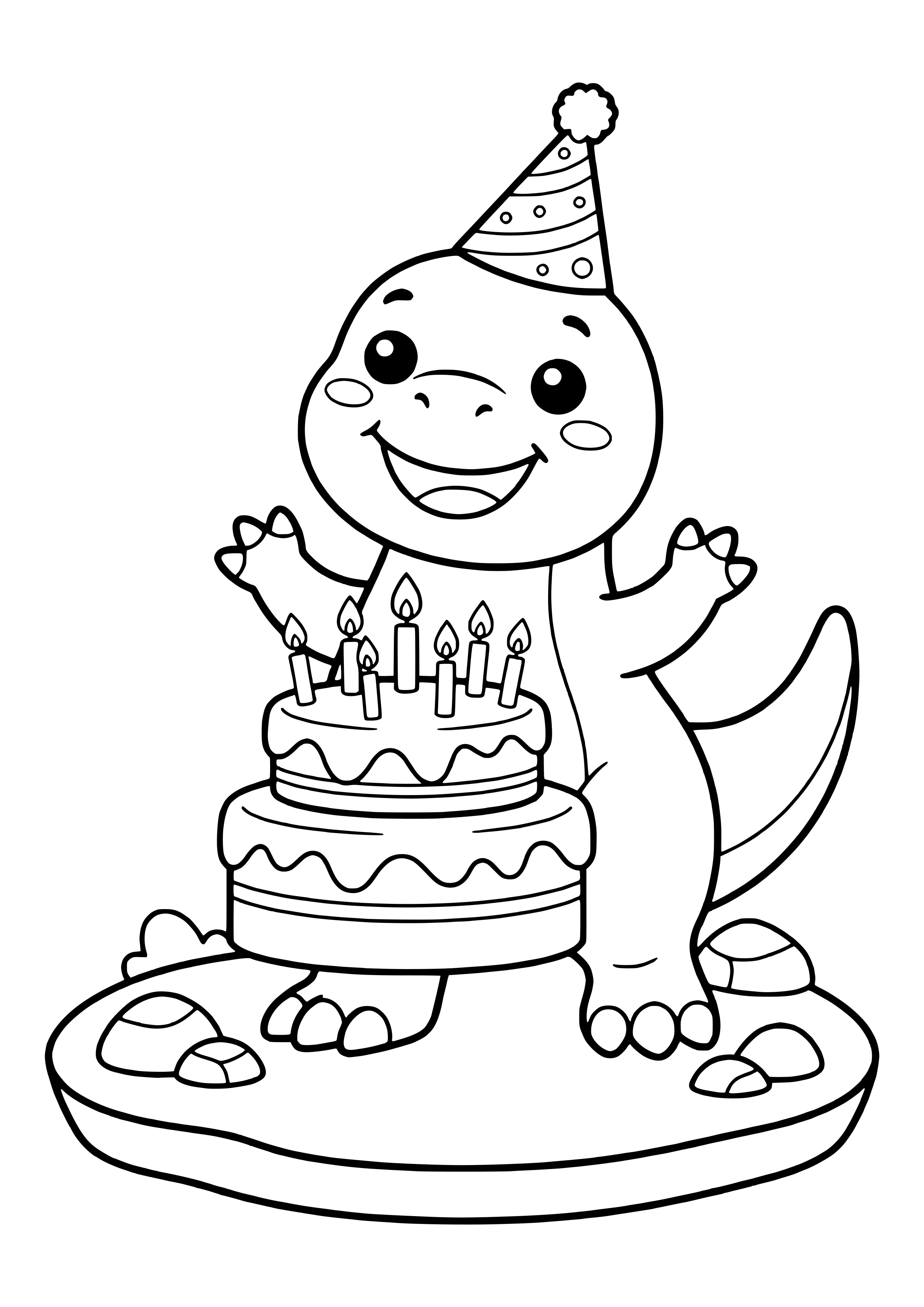 T-Rex in a party hat standing in front of a big cake with candles, looking excited – printable coloring page