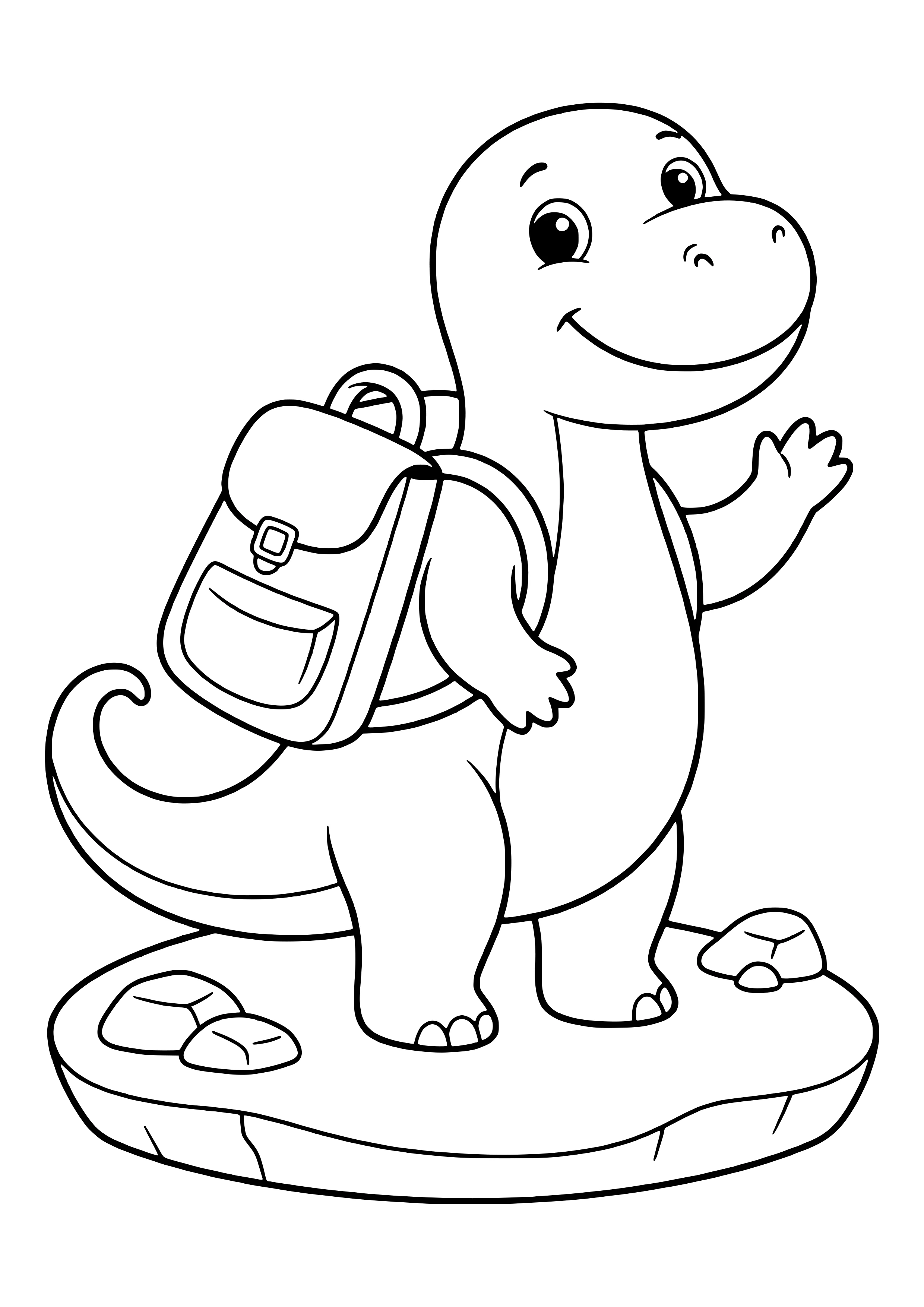 Small dinosaur wearing a big backpack and waving happily – printable coloring page