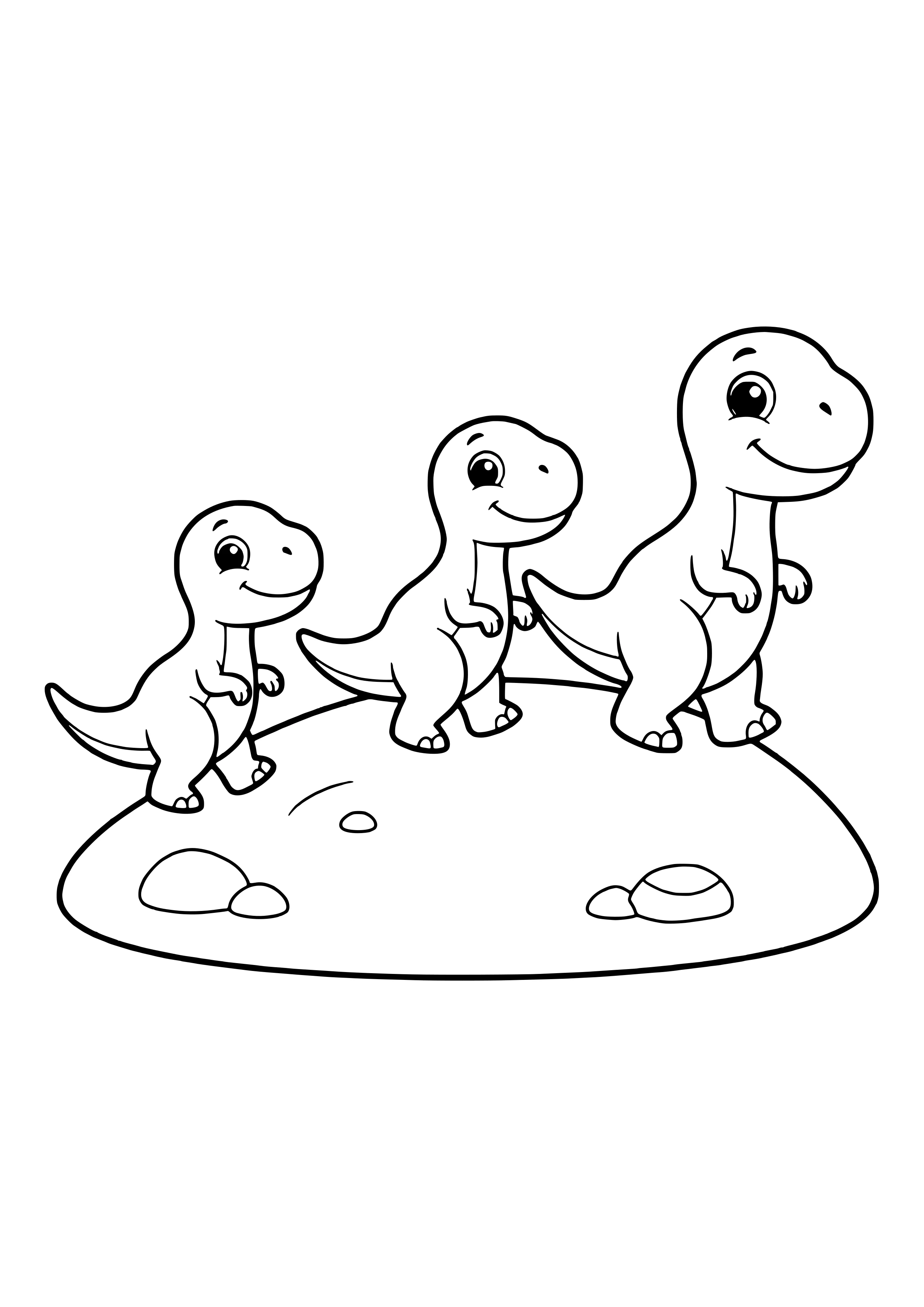 Three smiling dinosaurs walk one behind the other over a grassy hill – printable coloring page