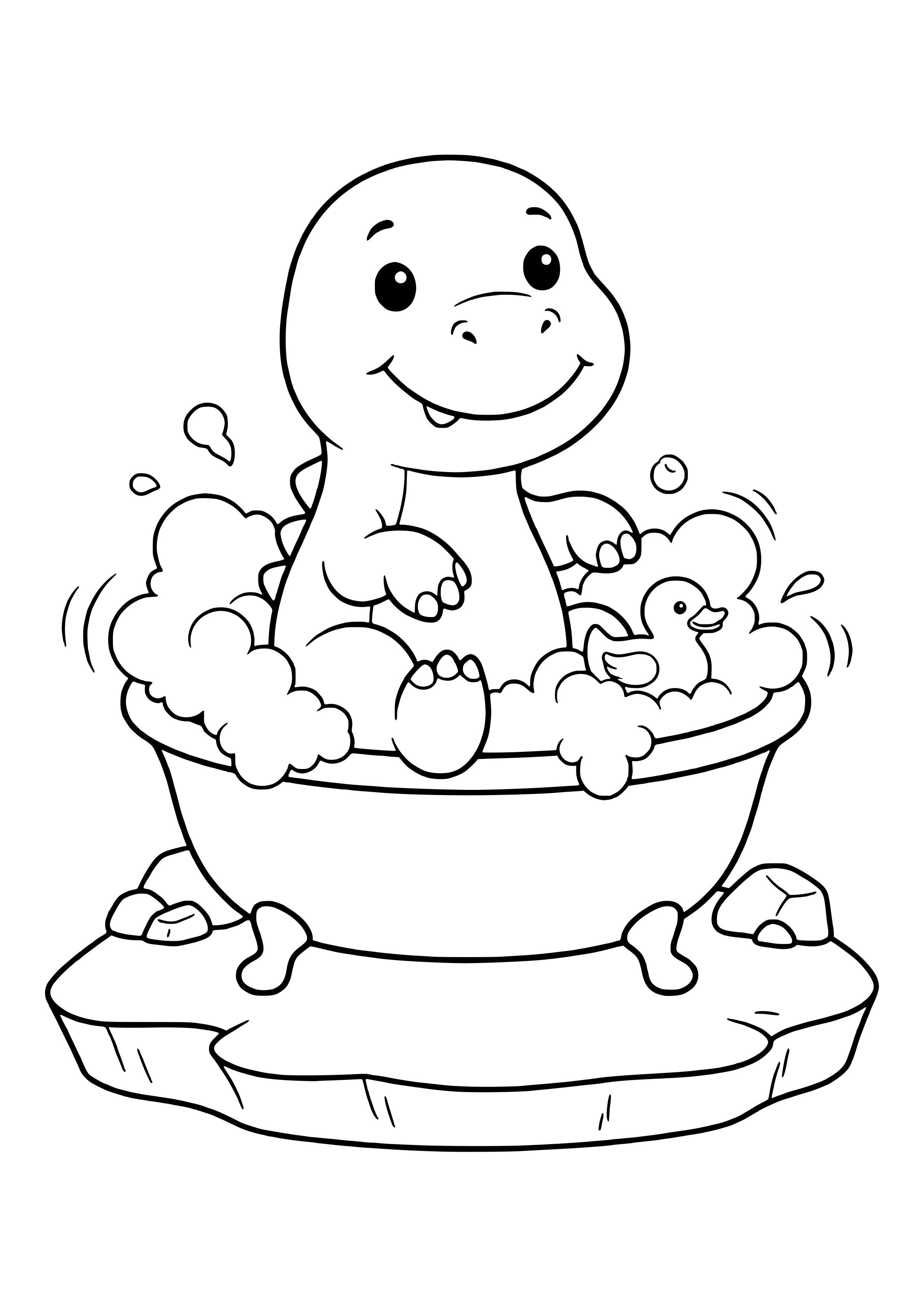 Dinosaur sitting in a bathtub with bubble clouds and a rubber duck – printable coloring page