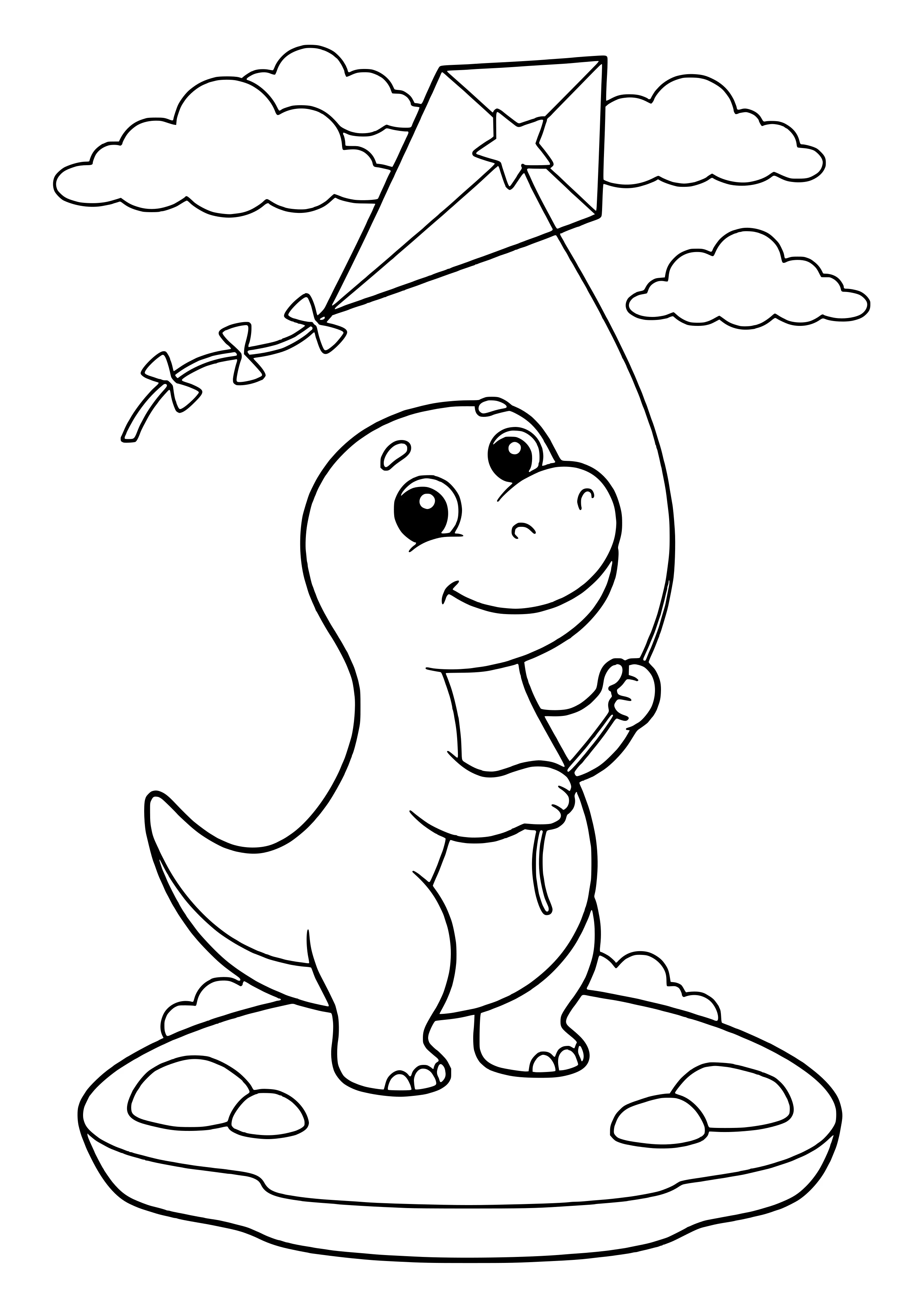 Dino hält die Schnur eines großen Drachens, der oben zwischen Wolken fliegt – Ausmalbild zum Ausdrucken