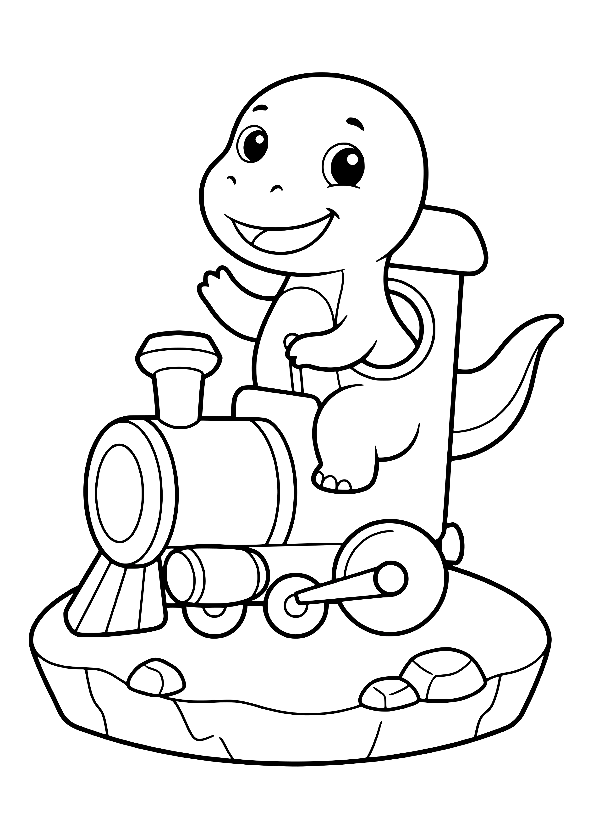 Dino fährt eine kleine Dampflok und winkt aus dem Führerstand – Ausmalbild zum Ausdrucken