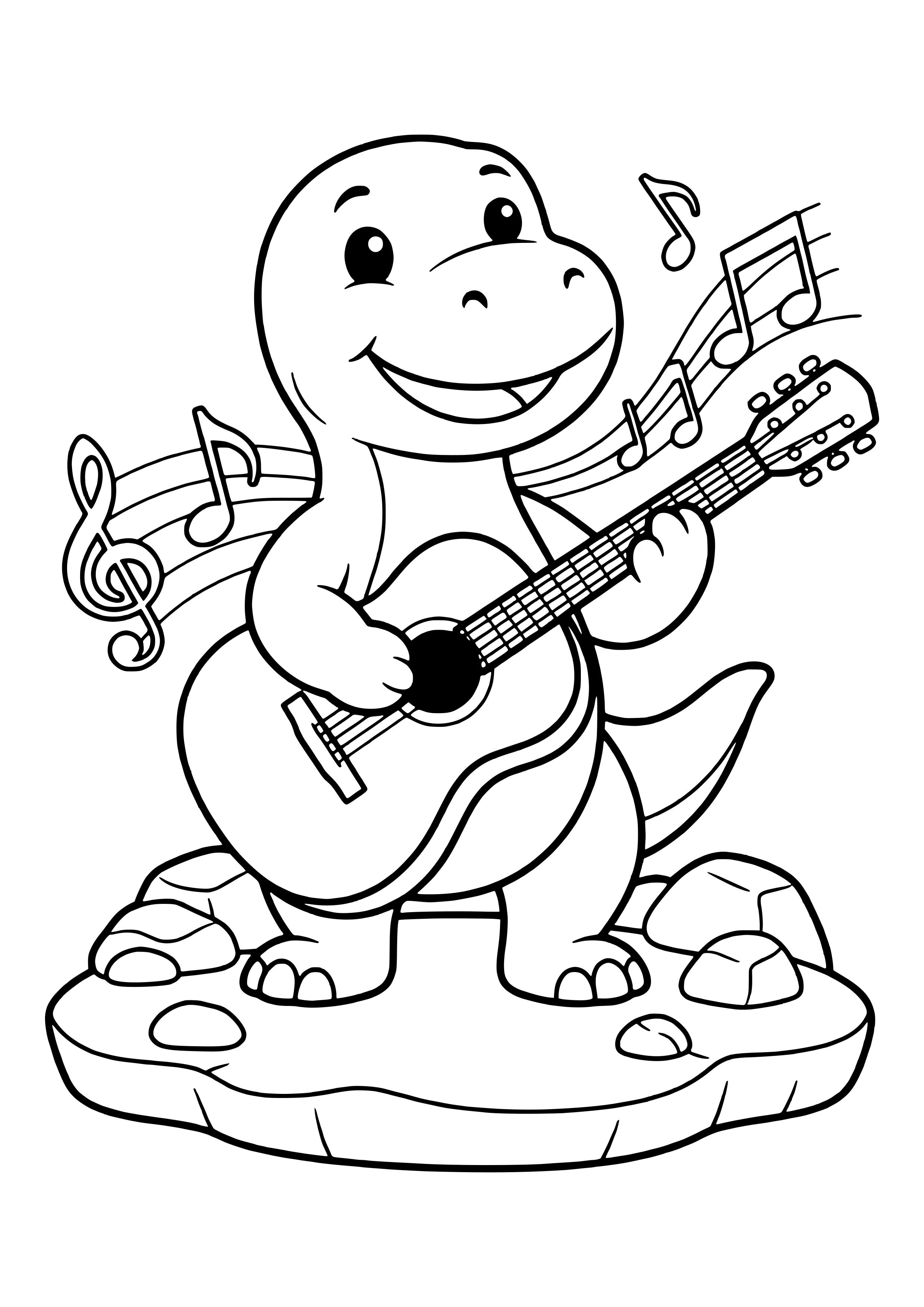Dino spielt fröhlich Gitarre, große Musiknoten fliegen durch die Luft – Ausmalbild zum Ausdrucken