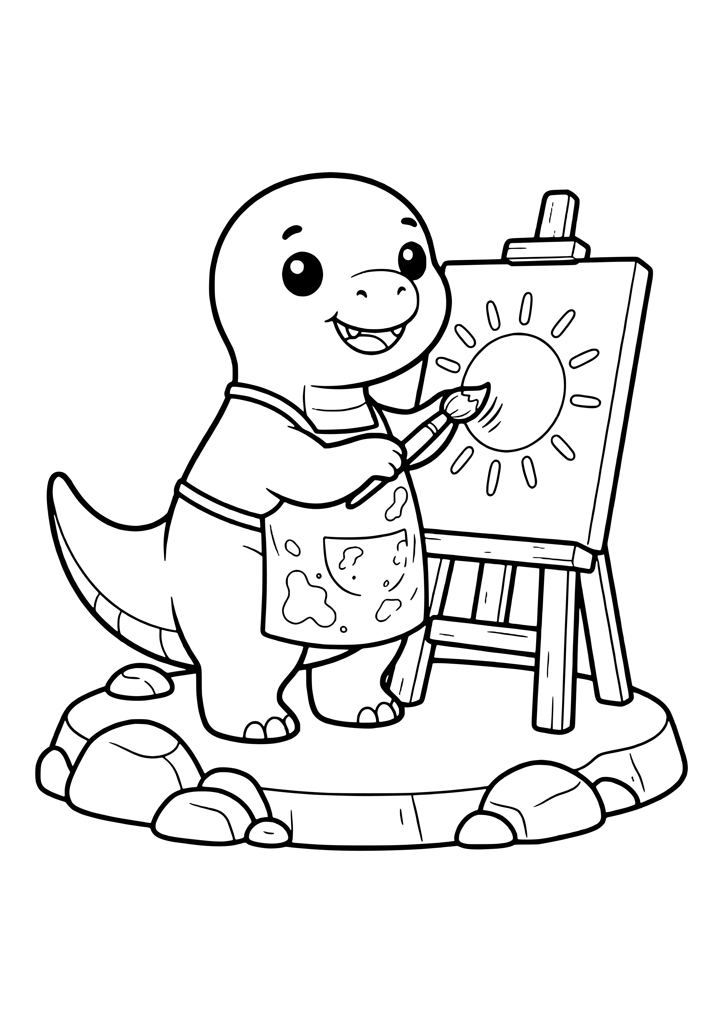 Dino steht an einer Staffelei und malt mit einem Pinsel ein Bild von einer Sonne – Ausmalbild zum Ausdrucken