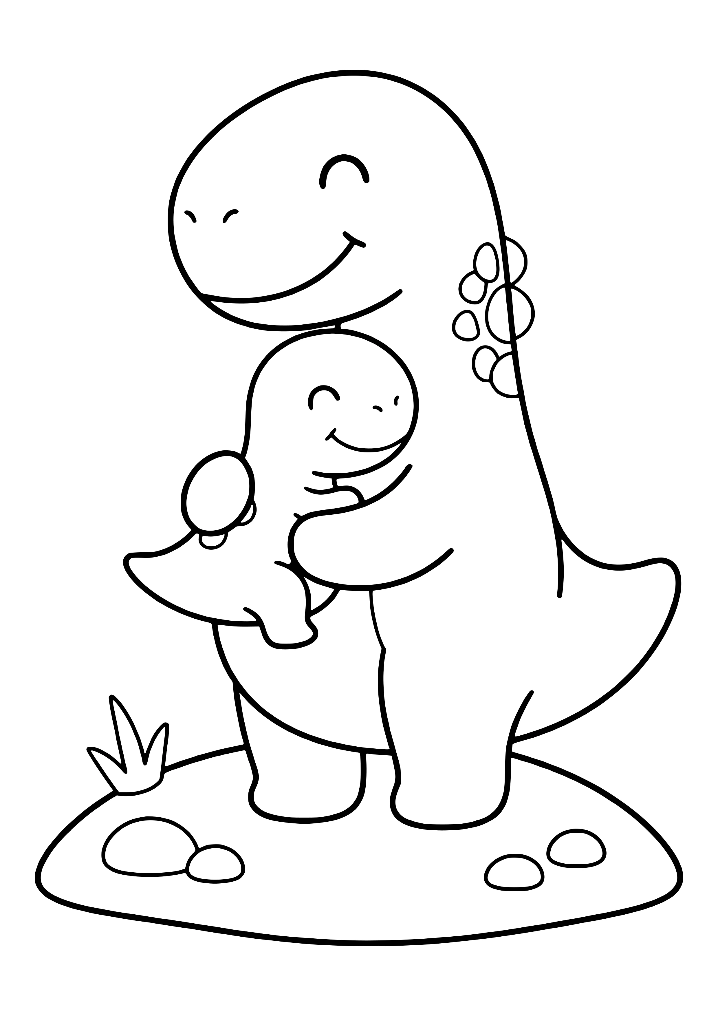 Dinosaur mom cuddling her baby, both smiling with their eyes closed – printable coloring page