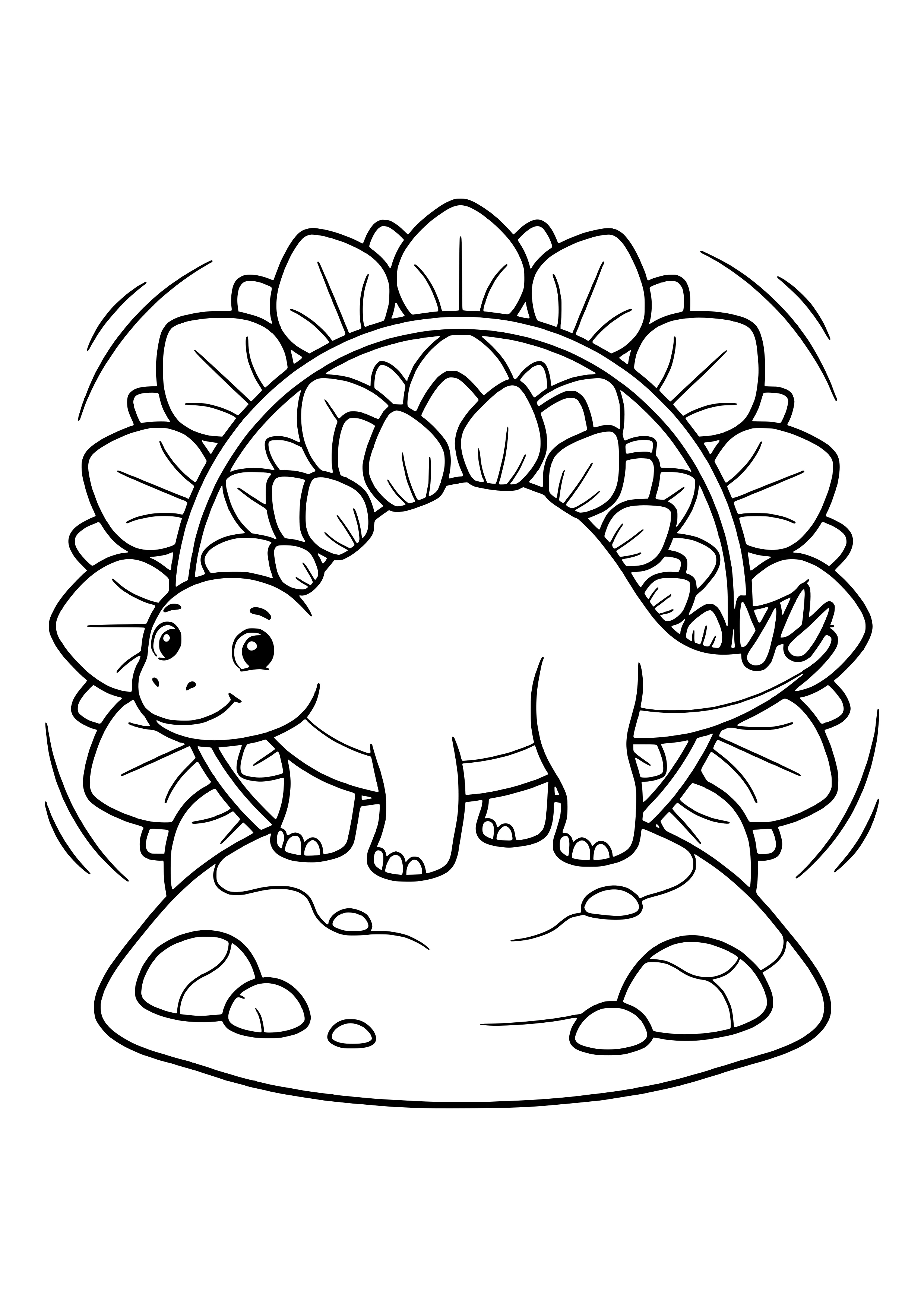 Round mandala with a Stegosaurus in the center and a ring of large back plate shapes – printable coloring page