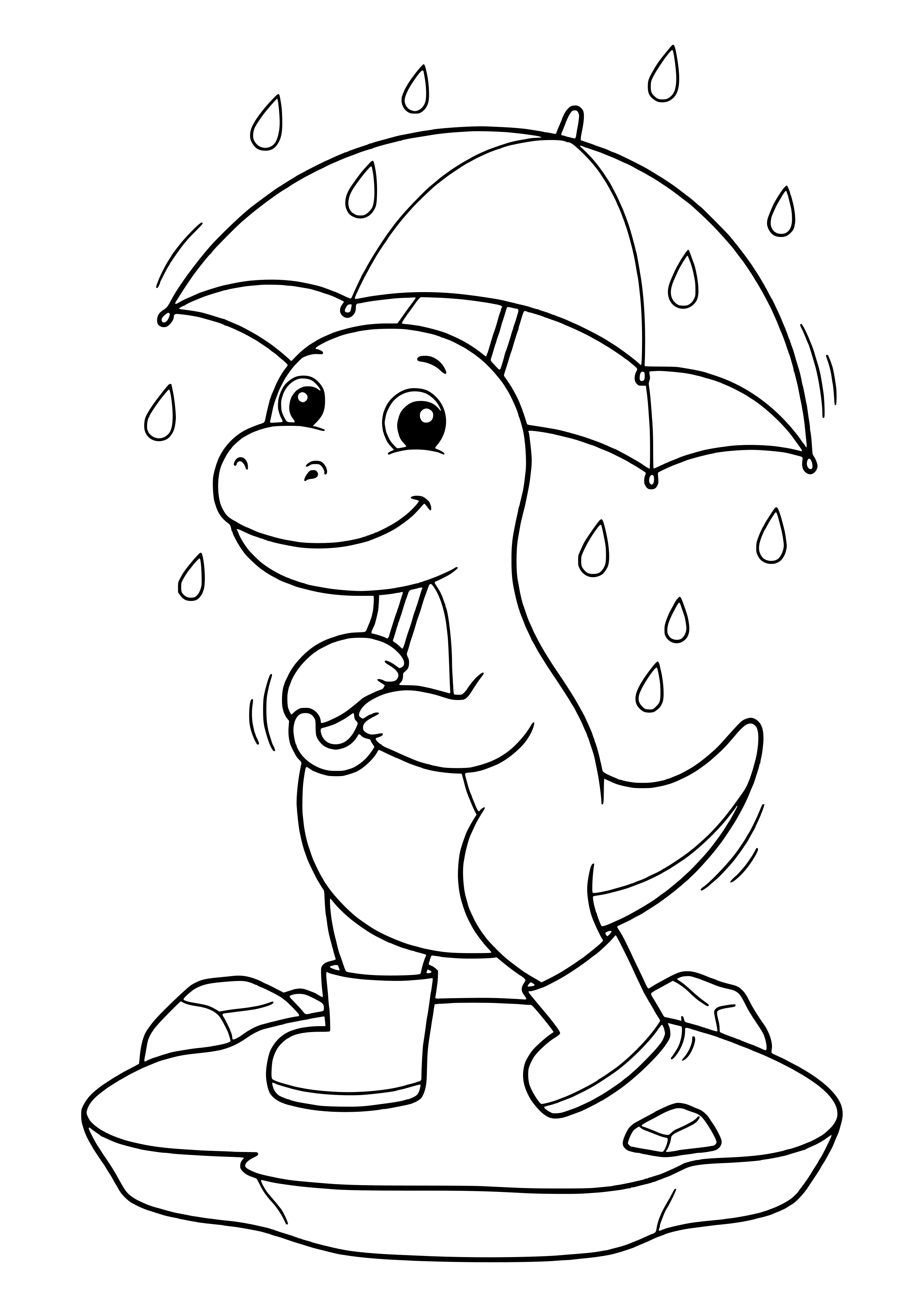 Dino mit Gummistiefeln hält einen Regenschirm, große Regentropfen fallen – Ausmalbild zum Ausdrucken