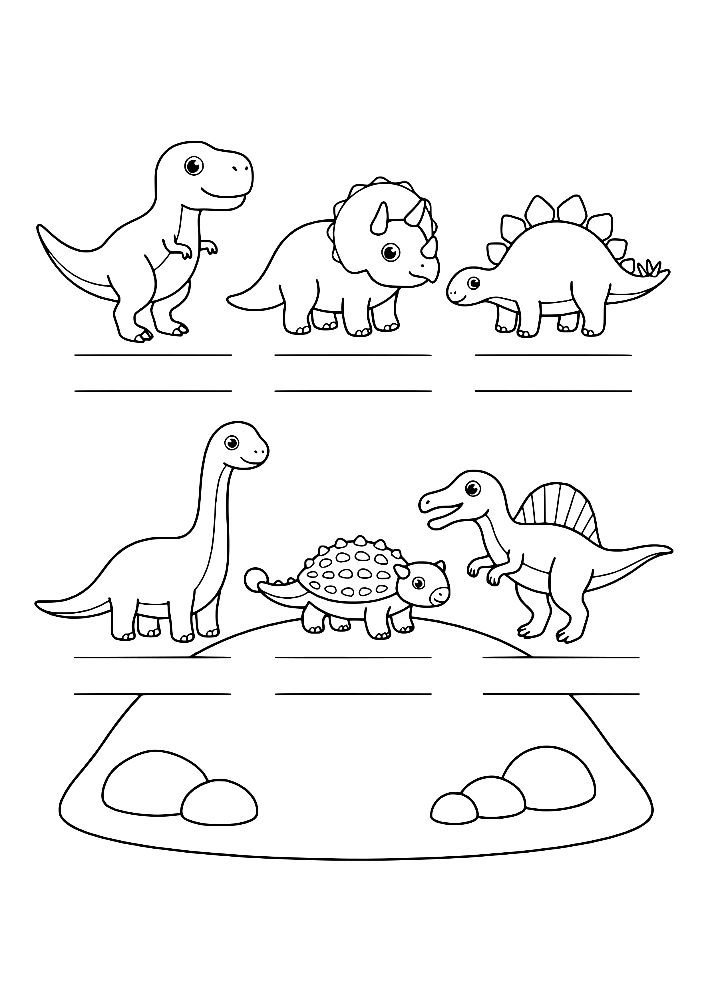 Six famous dinosaurs as large outlines in two rows, each with an empty writing line underneath – printable coloring page