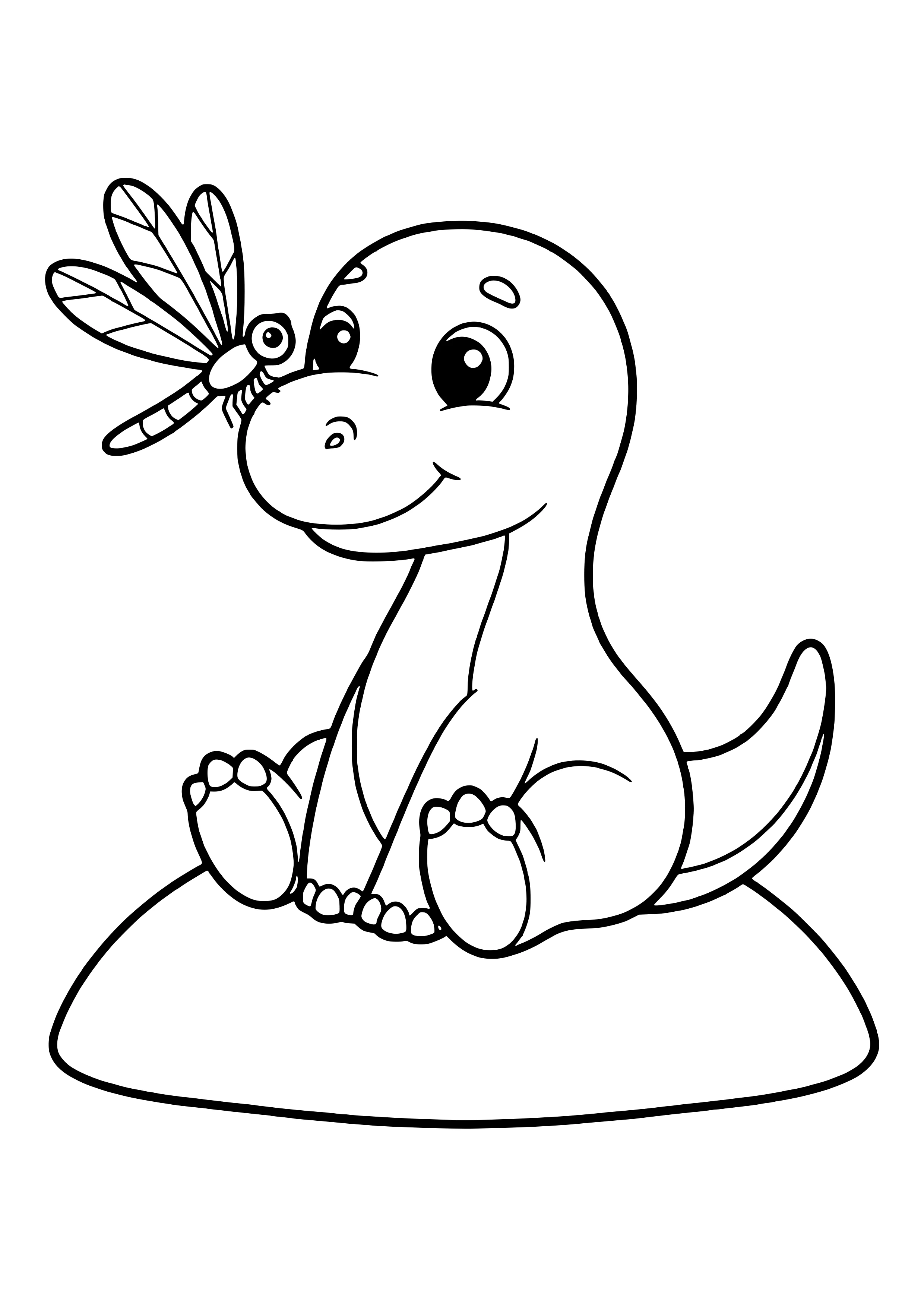 Ein Dino schielt auf eine große Libelle, die auf seiner Nase gelandet ist – Ausmalbild zum Ausdrucken