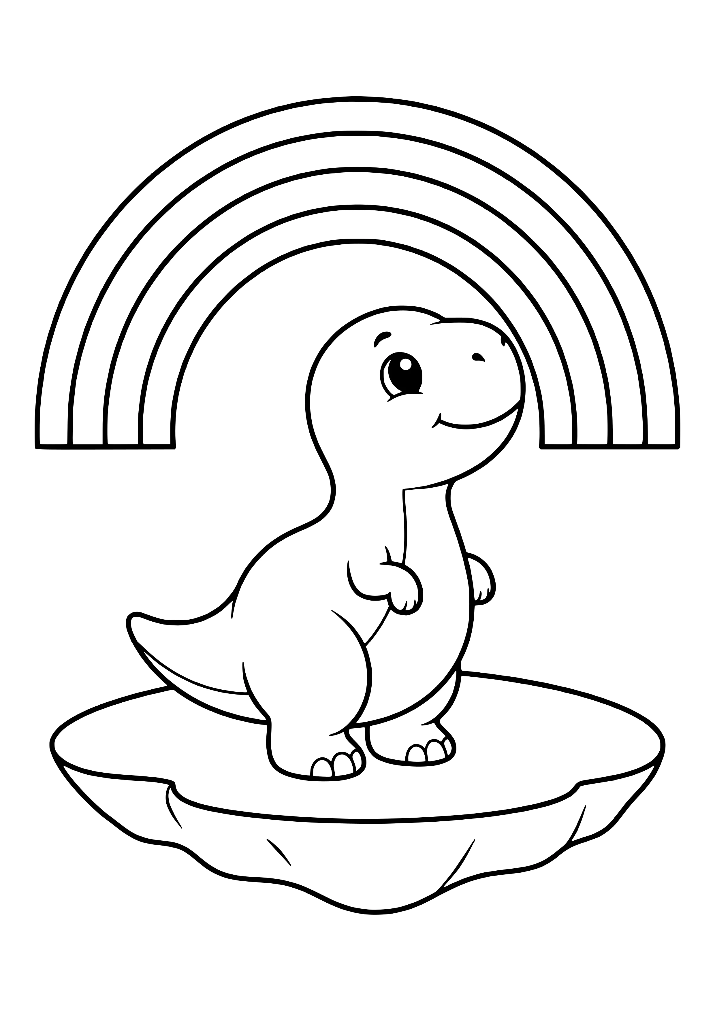 Ein Dino schaut staunend zu einem großen Regenbogen aus breiten Bändern – Ausmalbild zum Ausdrucken