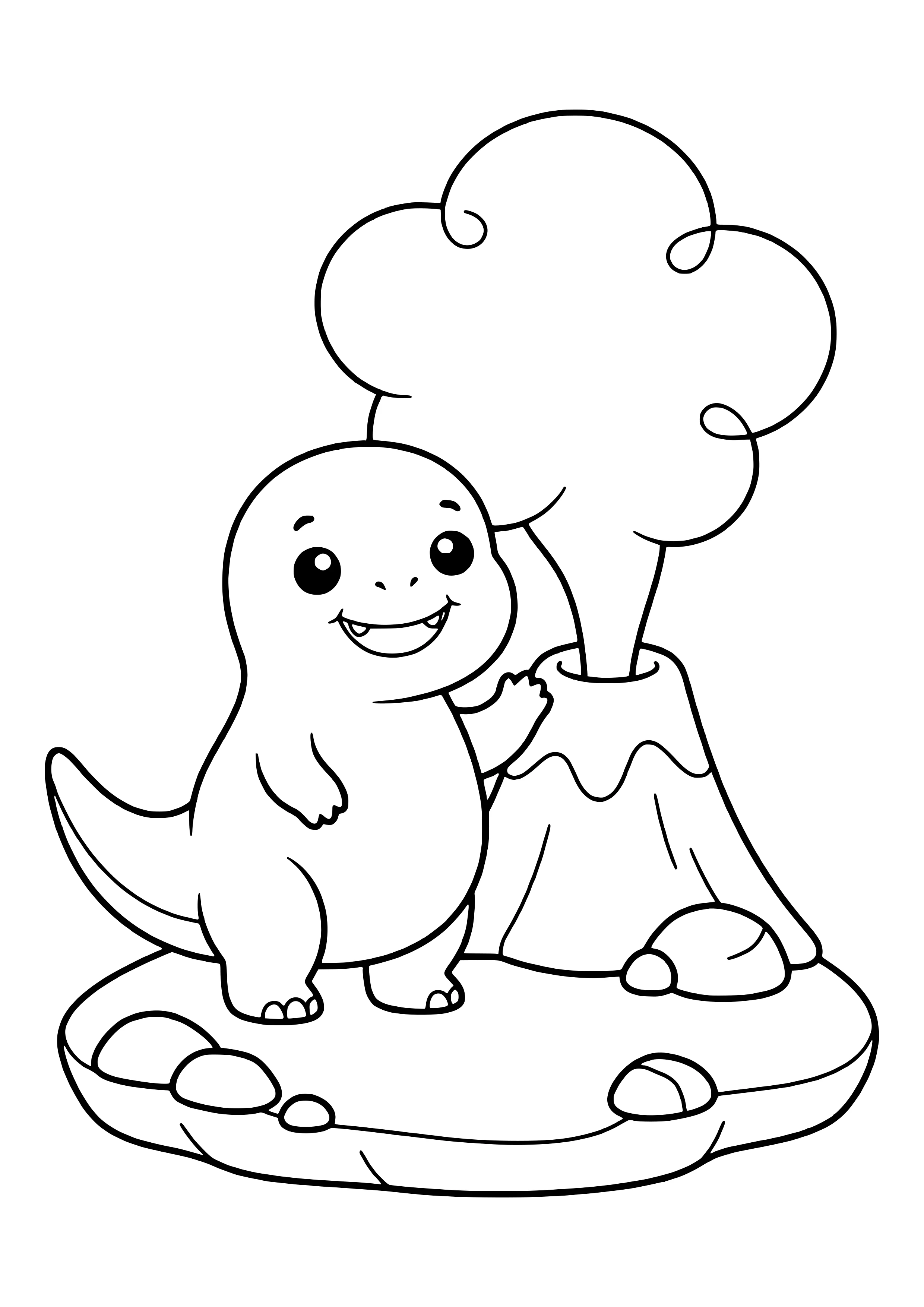 Friendly dinosaur standing in front of a small volcano with a big round smoke cloud – printable coloring page