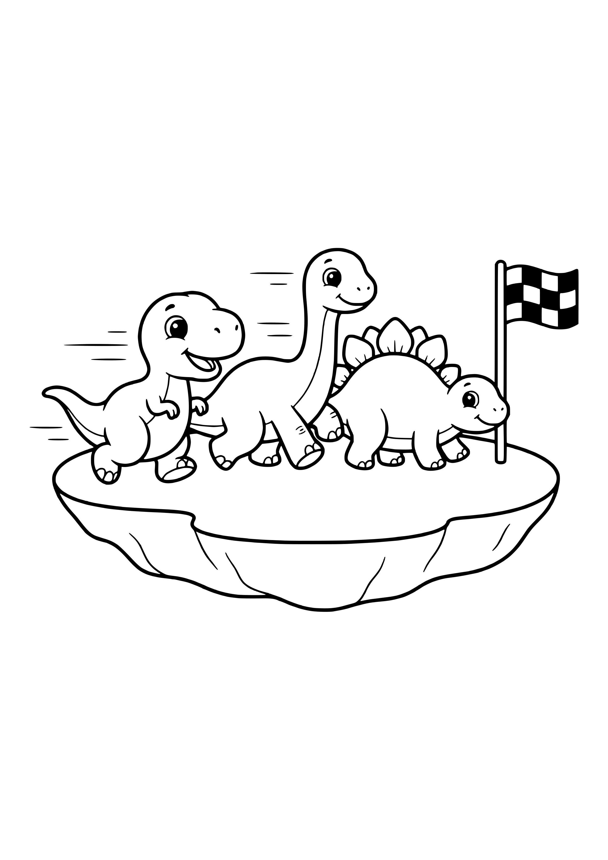 Three different dinosaurs race toward a finish flag – printable coloring page