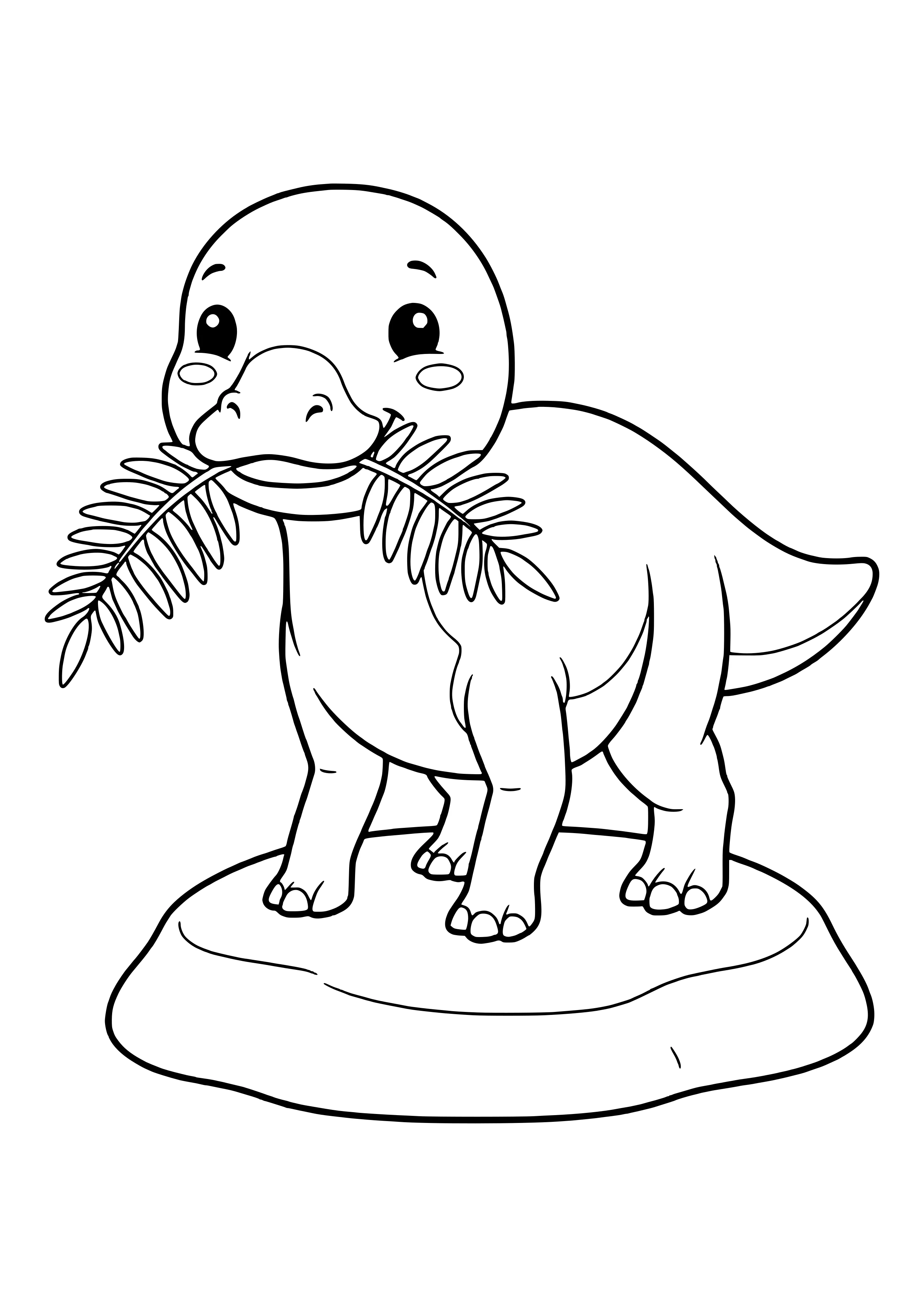 Edmontosaurus with a wide duck bill happily chewing on a big fern leaf – printable coloring page