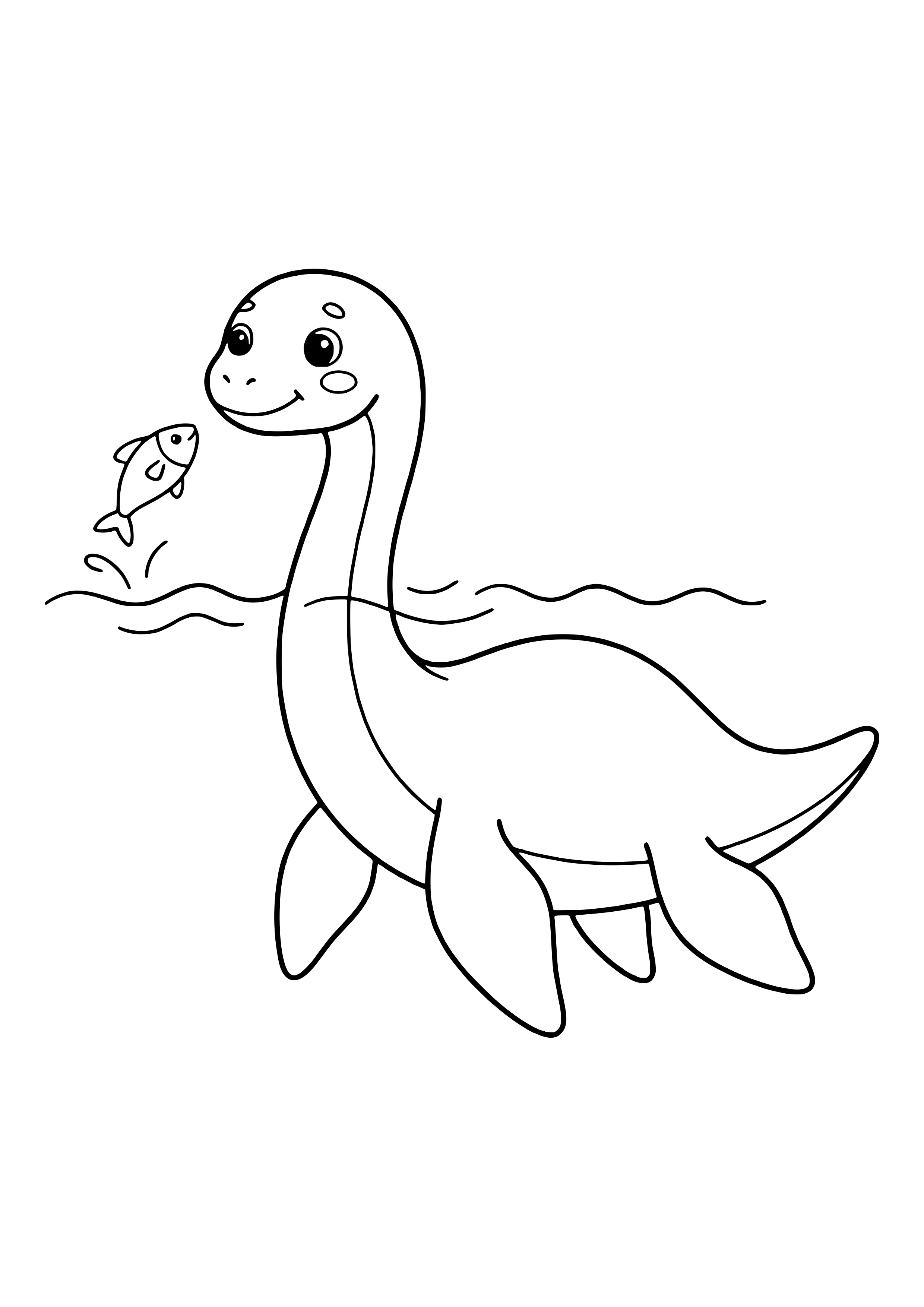 Elasmosaurus with a very long neck looking out of the water as a fish leaps in front of its nose – printable coloring page
