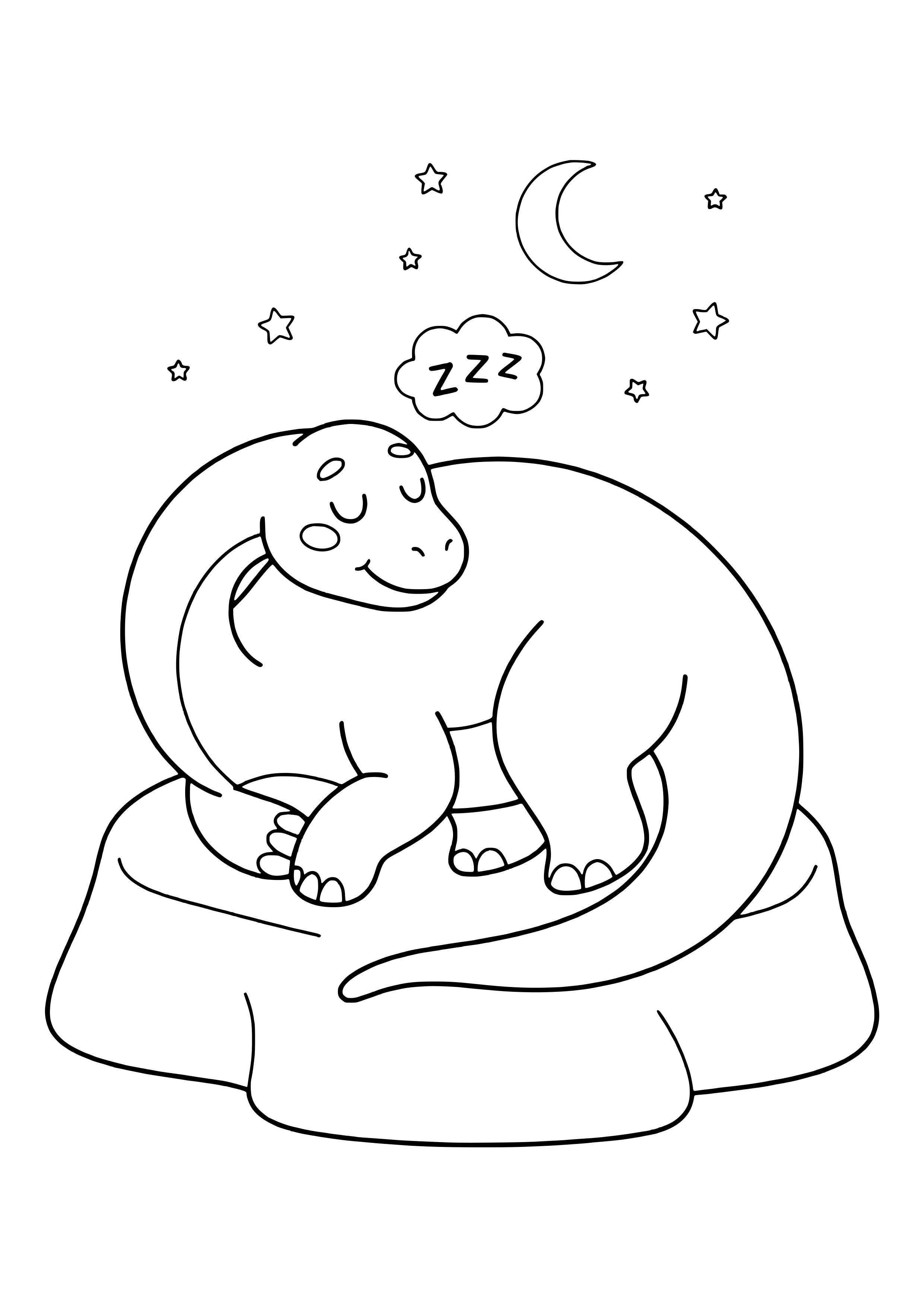 Langhals-Dino liegt eingerollt und schläft, darüber Zzz-Wolke, Mond und Sterne – Ausmalbild zum Ausdrucken