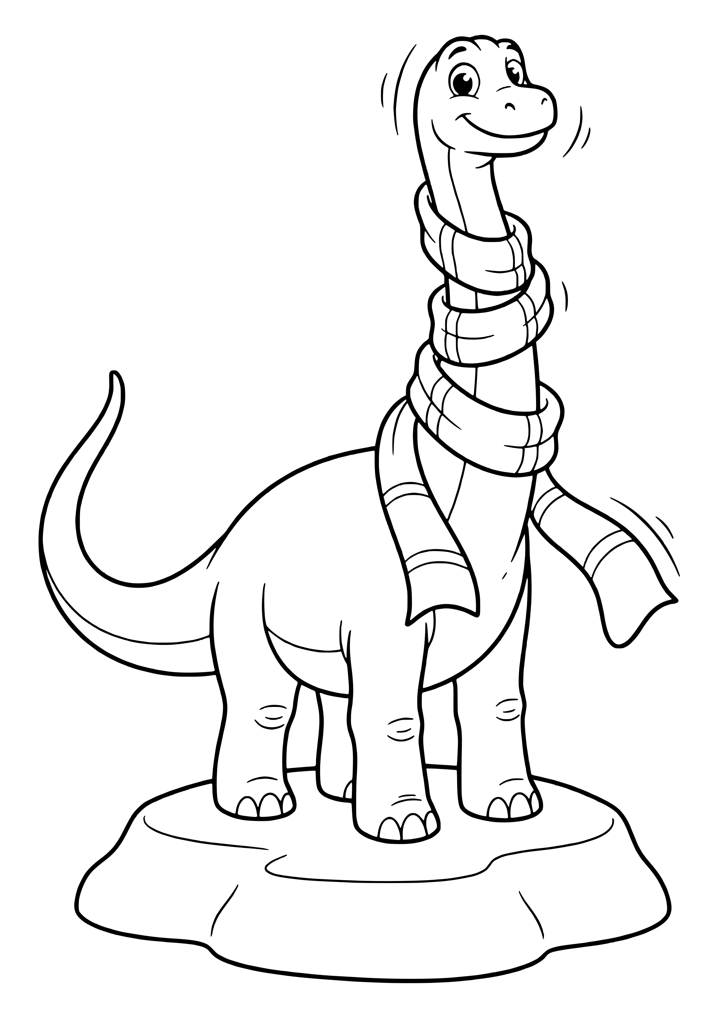 Long-necked dinosaur wearing a very long striped scarf wrapped around its neck several times – printable coloring page