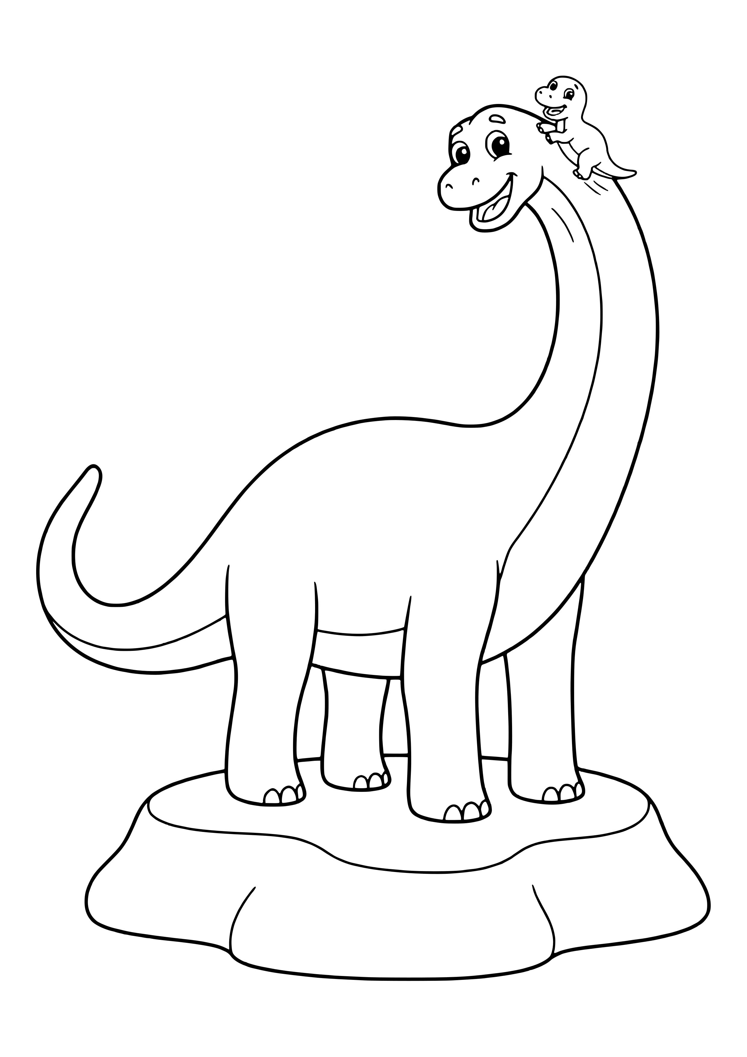 Big long-necked dinosaur with a small laughing baby dino sitting on its head – printable coloring page