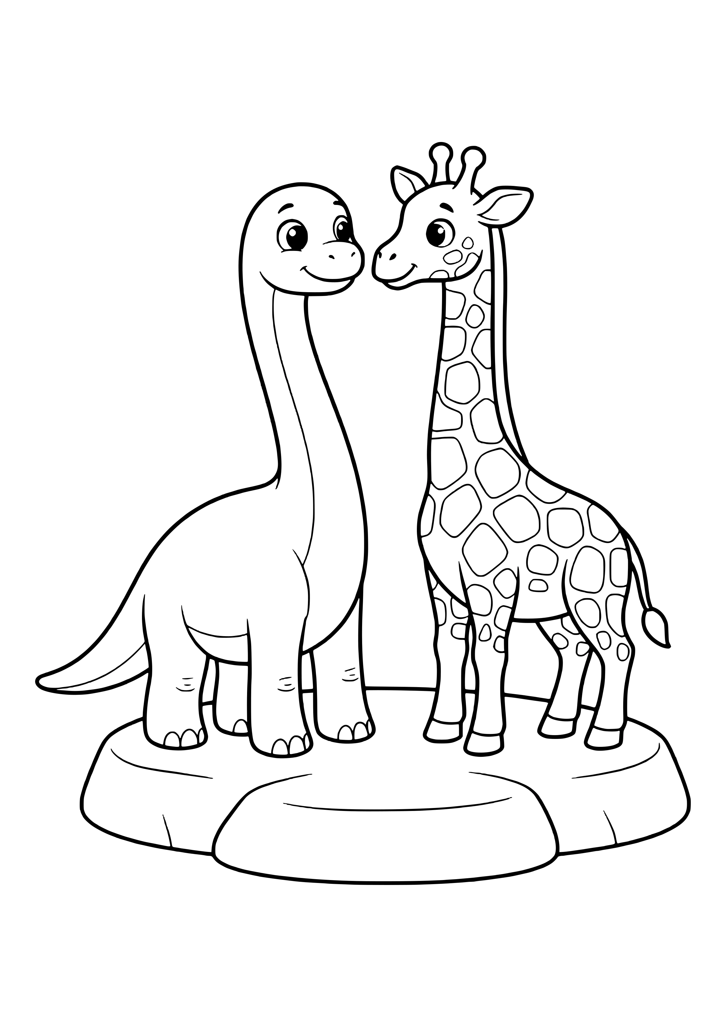 Langhals-Dino und Giraffe schauen sich staunend auf Augenhöhe an – Ausmalbild zum Ausdrucken