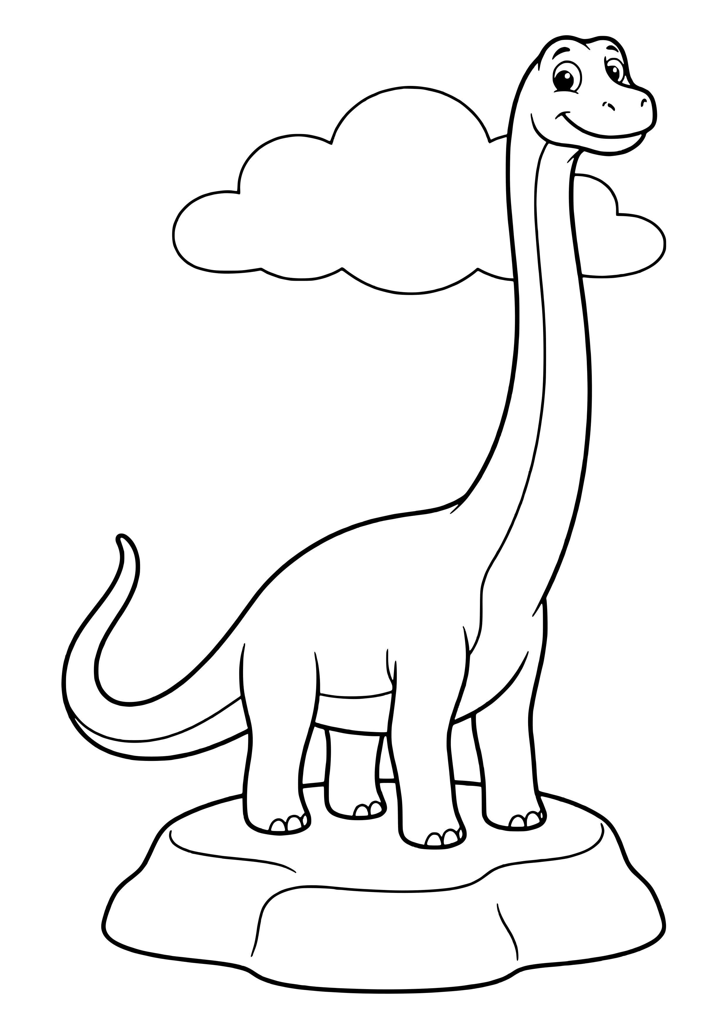Mamenchisaurus mit extrem langem Hals, der Kopf schaut oben über einer Wolke hervor – Ausmalbild zum Ausdrucken