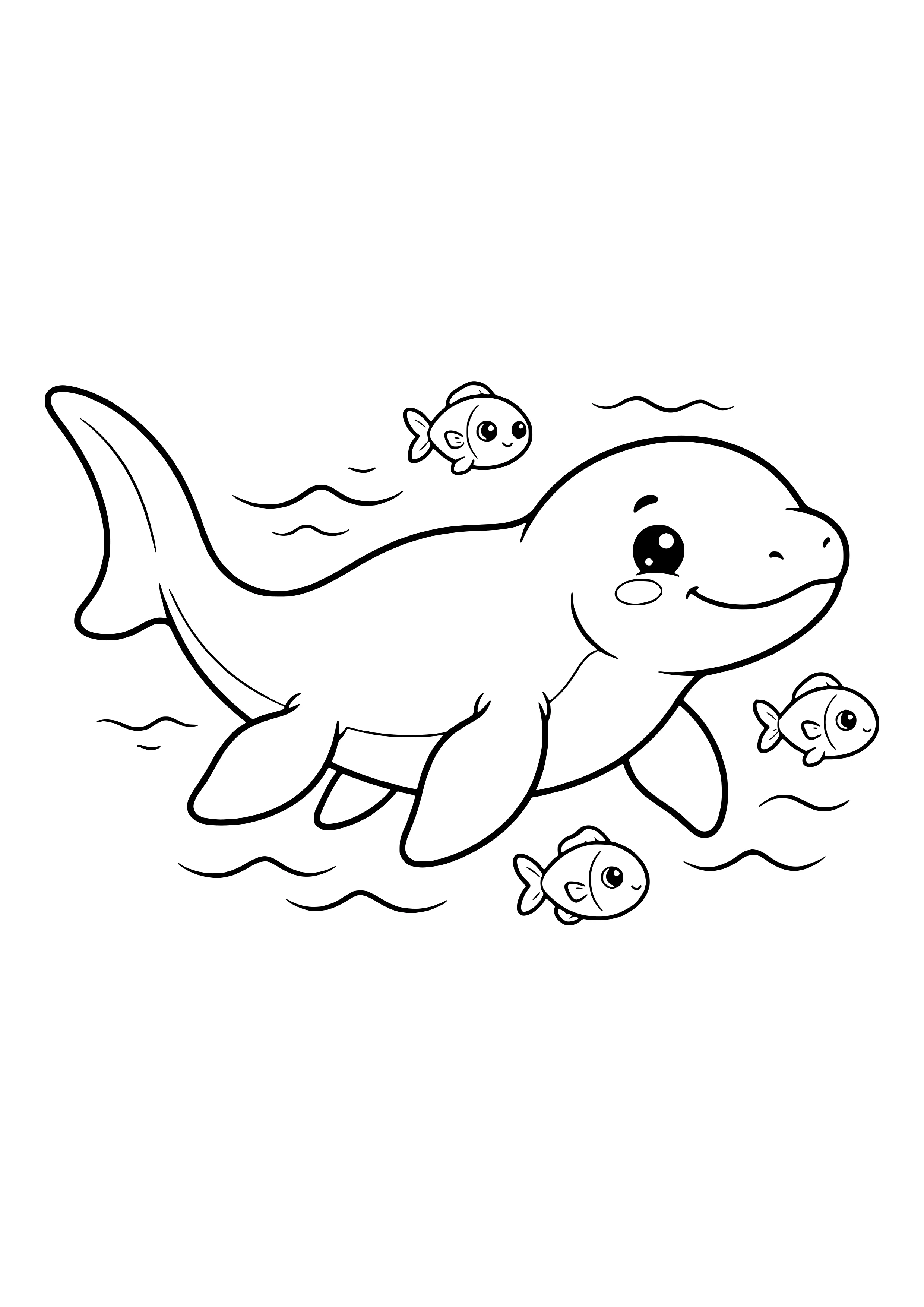 Sea reptile swimming with three small fish swimming curiously around it – printable coloring page