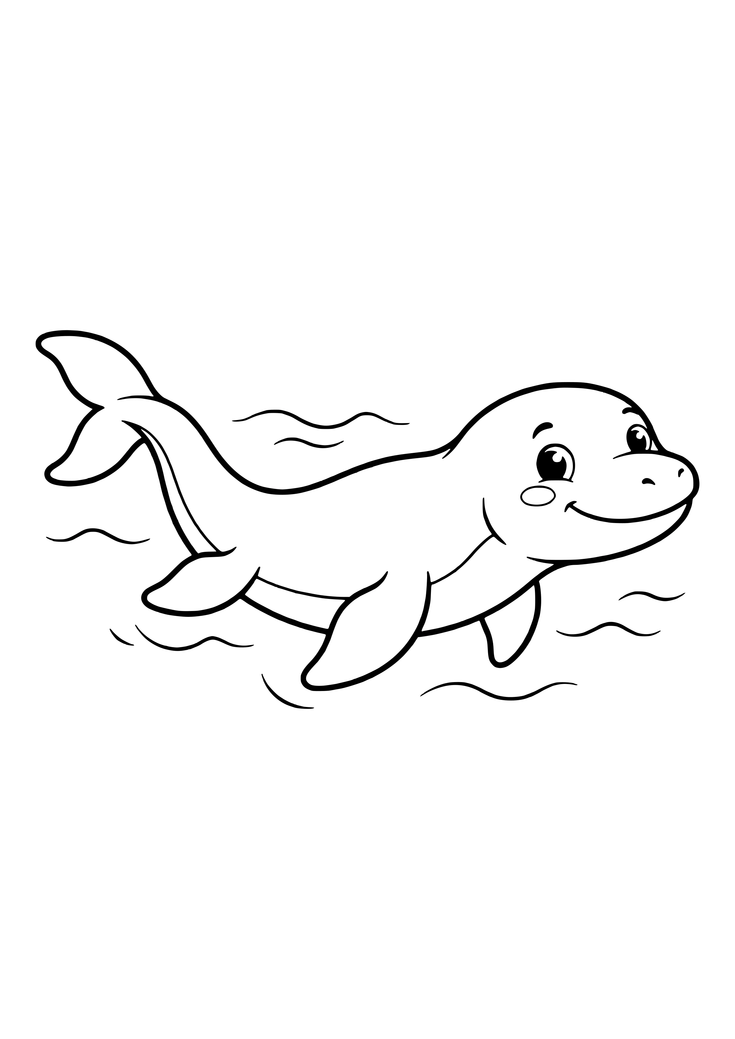 Friendly Mosasaurus with a long body and flippers swimming and smiling with its mouth closed – printable coloring page