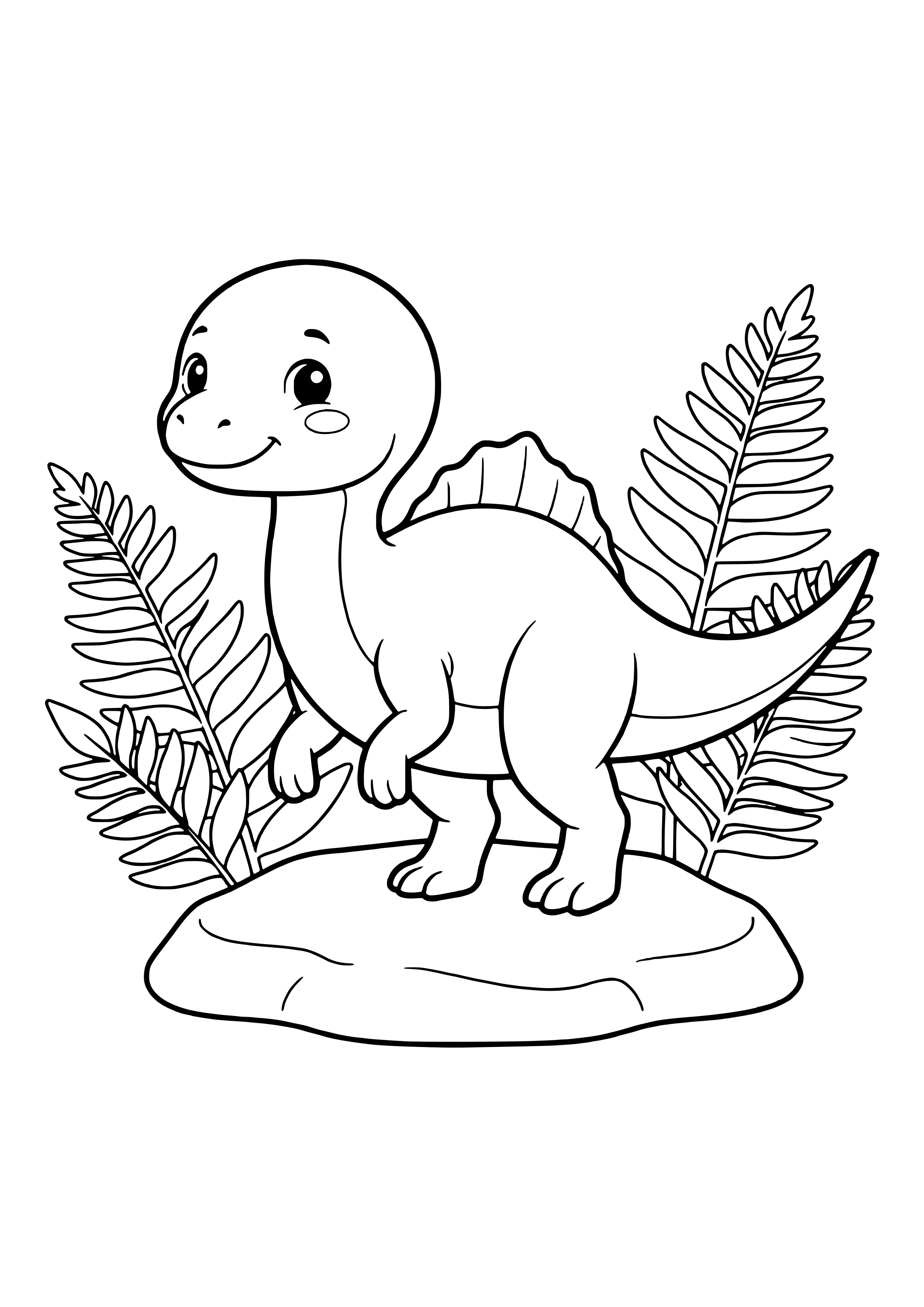 Ouranosaurus with a small back sail standing between two large ferns – printable coloring page