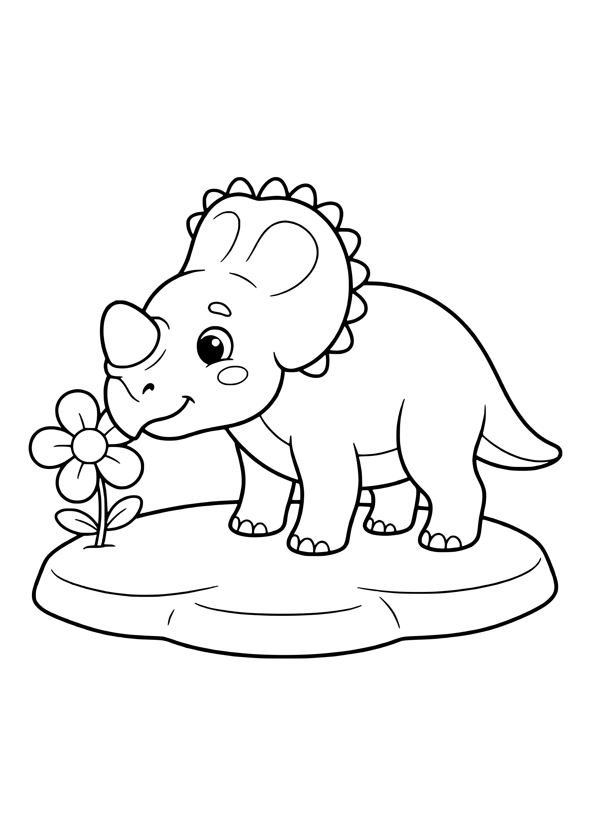 Pachyrhinosaurus with a thick nose bump and small frill points sniffing a flower – printable coloring page