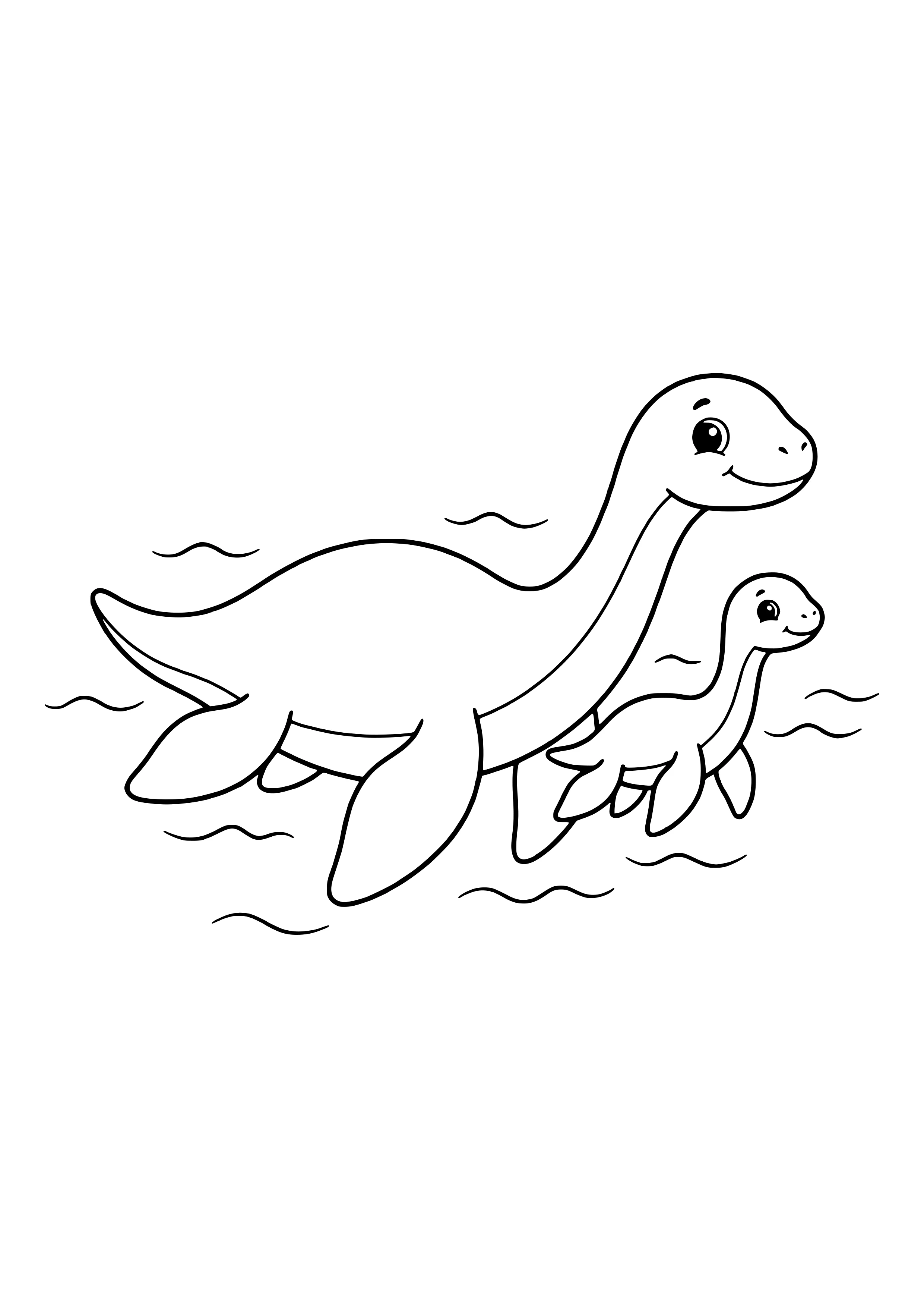 Plesiosaurus mom swimming with her baby close by her side – printable coloring page