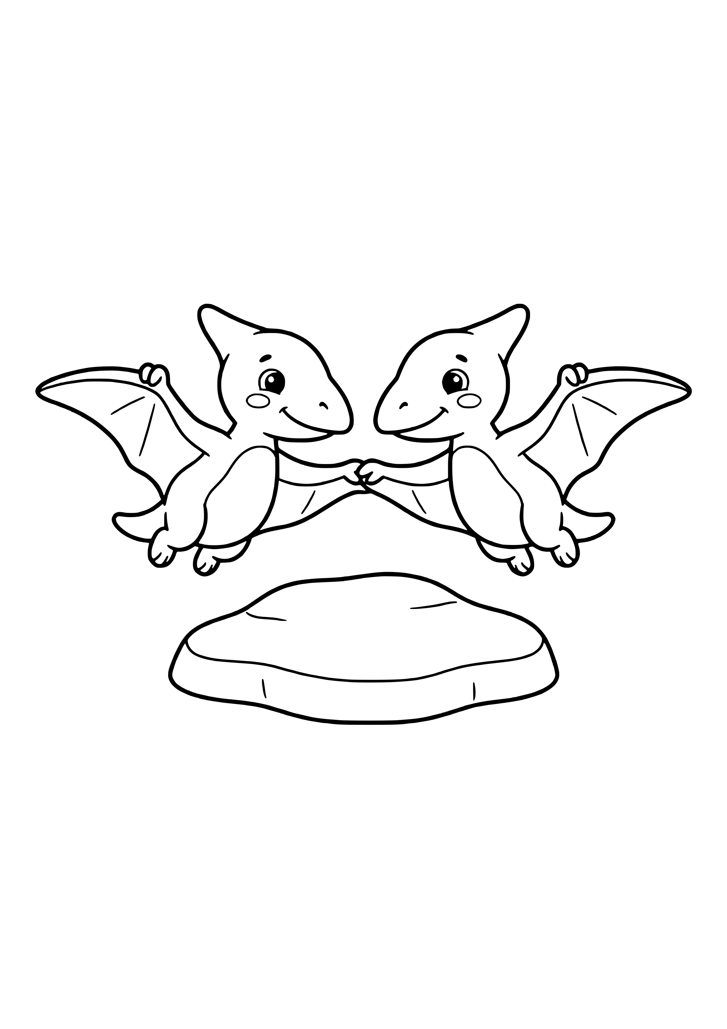 Two small flying reptiles flying side by side holding hands – printable coloring page