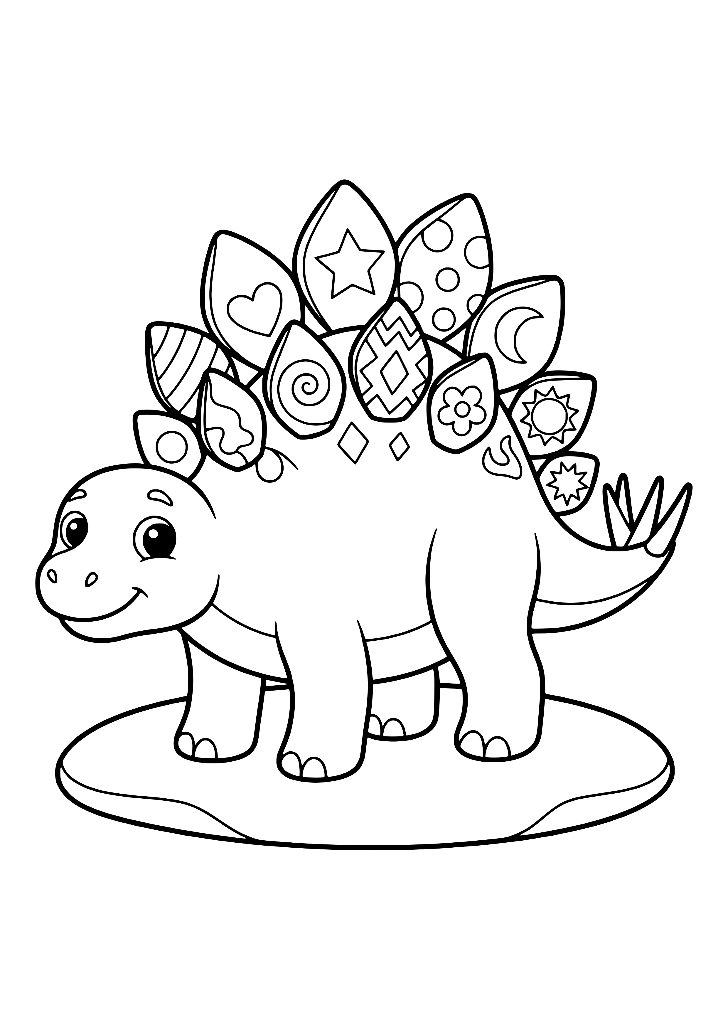 Stegosaurus with different patterns on its back plates, including stripes, a heart, a star, and circles – printable coloring page