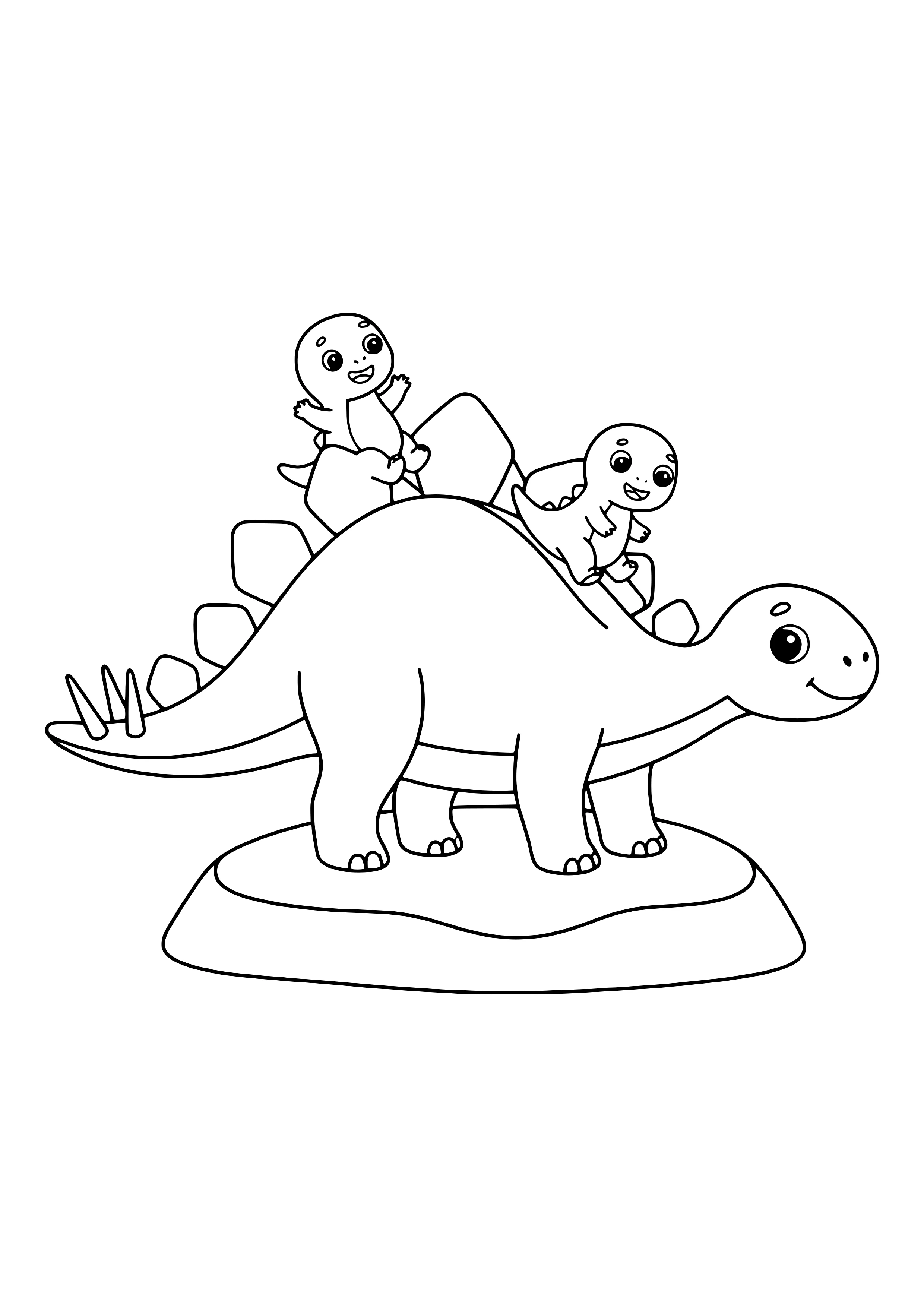 Two little baby dinosaurs sliding down a Stegosaurus’ back plates like a slide – printable coloring page