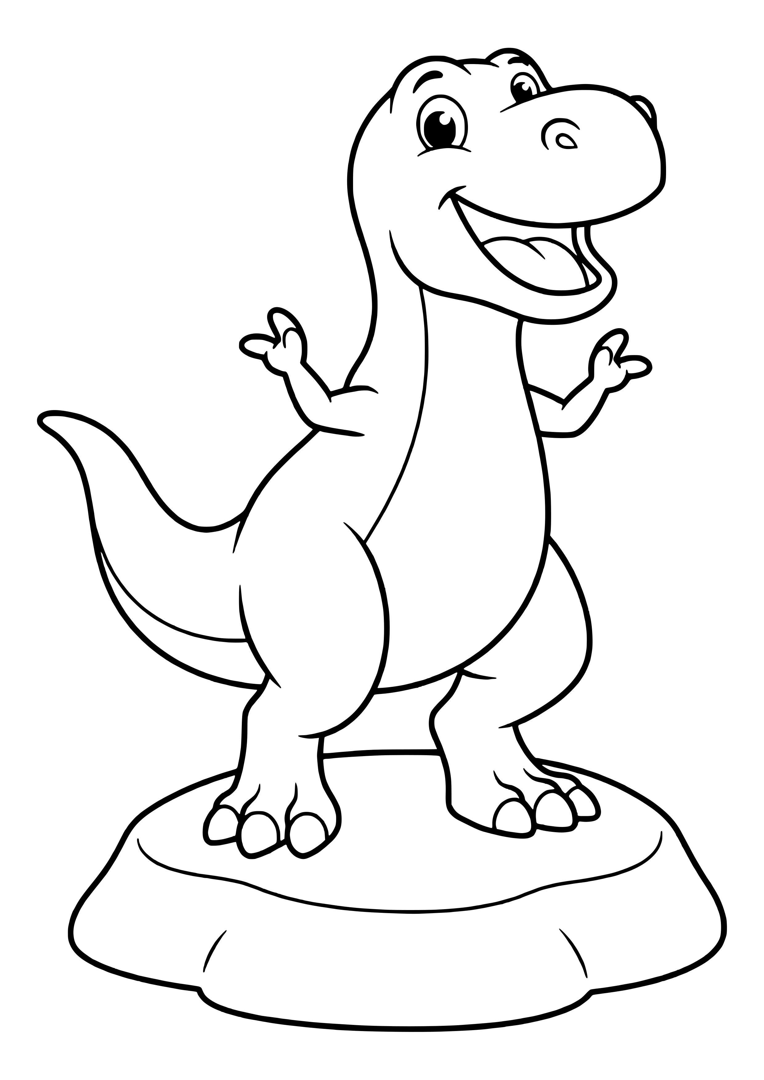 Happy T-Rex roaring with his mouth wide open and tiny arms raised on a round rock – printable coloring page