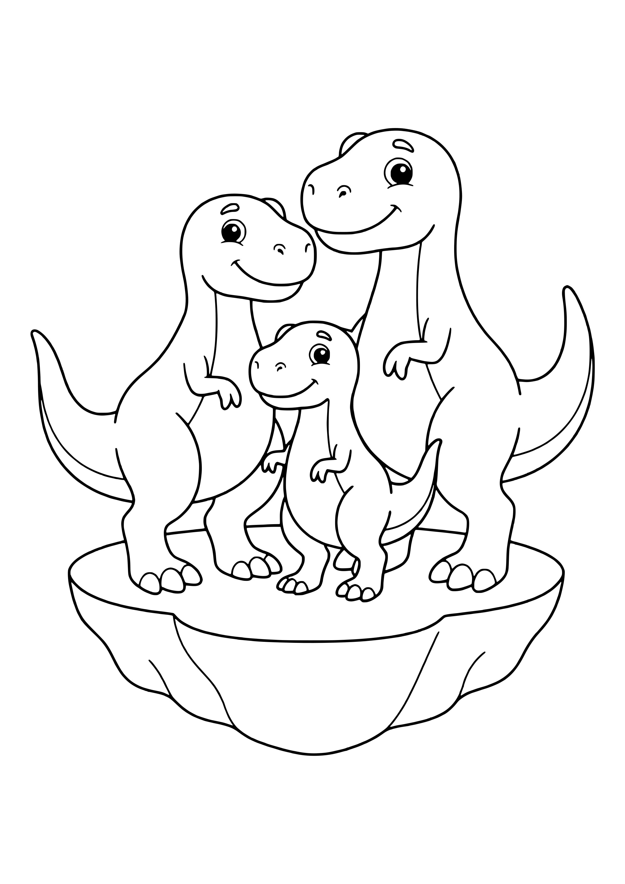 T-Rex-Mama, T-Rex-Papa und kleines T-Rex-Baby stehen lächelnd zusammen – Ausmalbild zum Ausdrucken