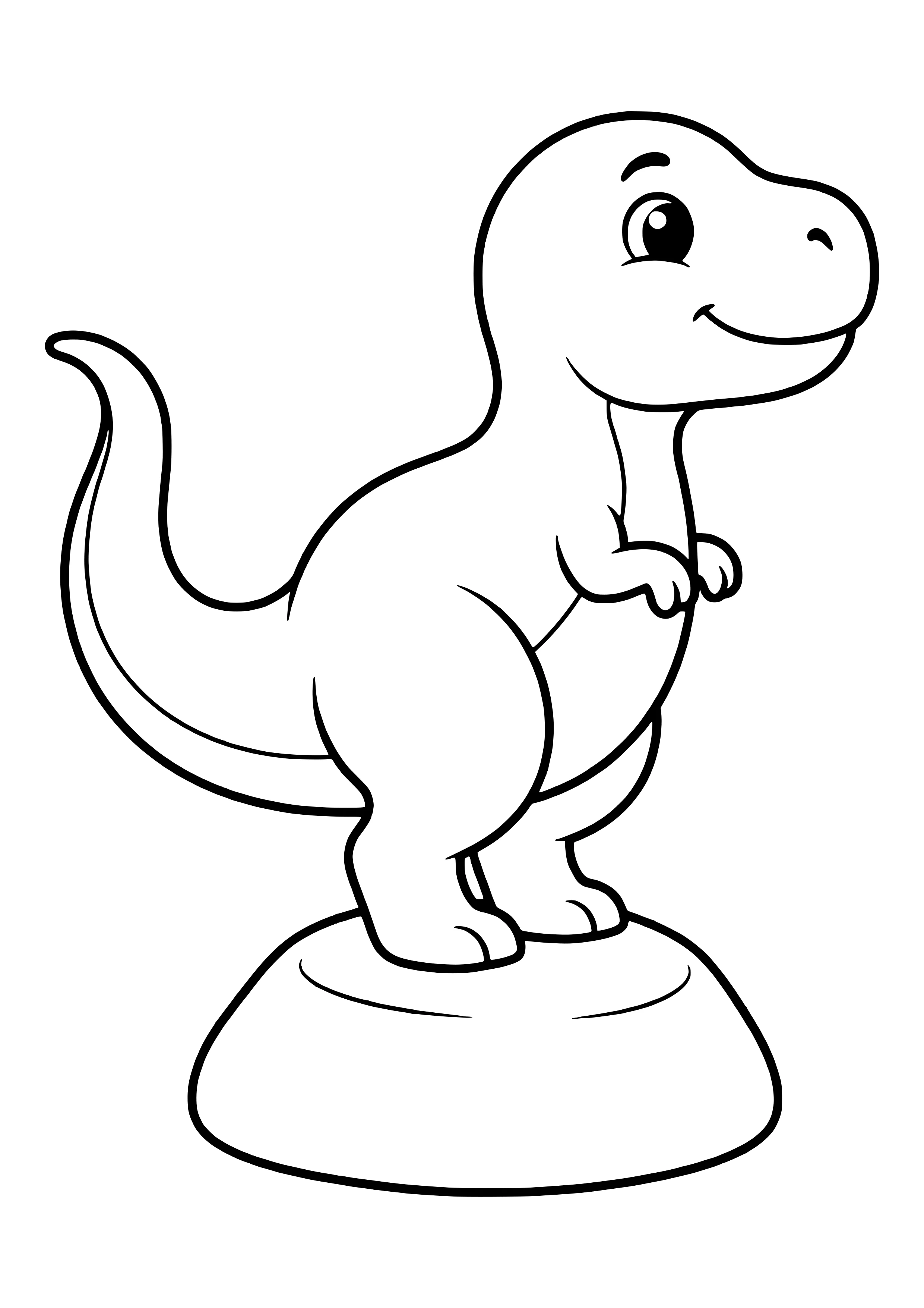 Cute T-Rex in side view with big round eyes, strong legs, and a long tail, smiling gently – printable coloring page