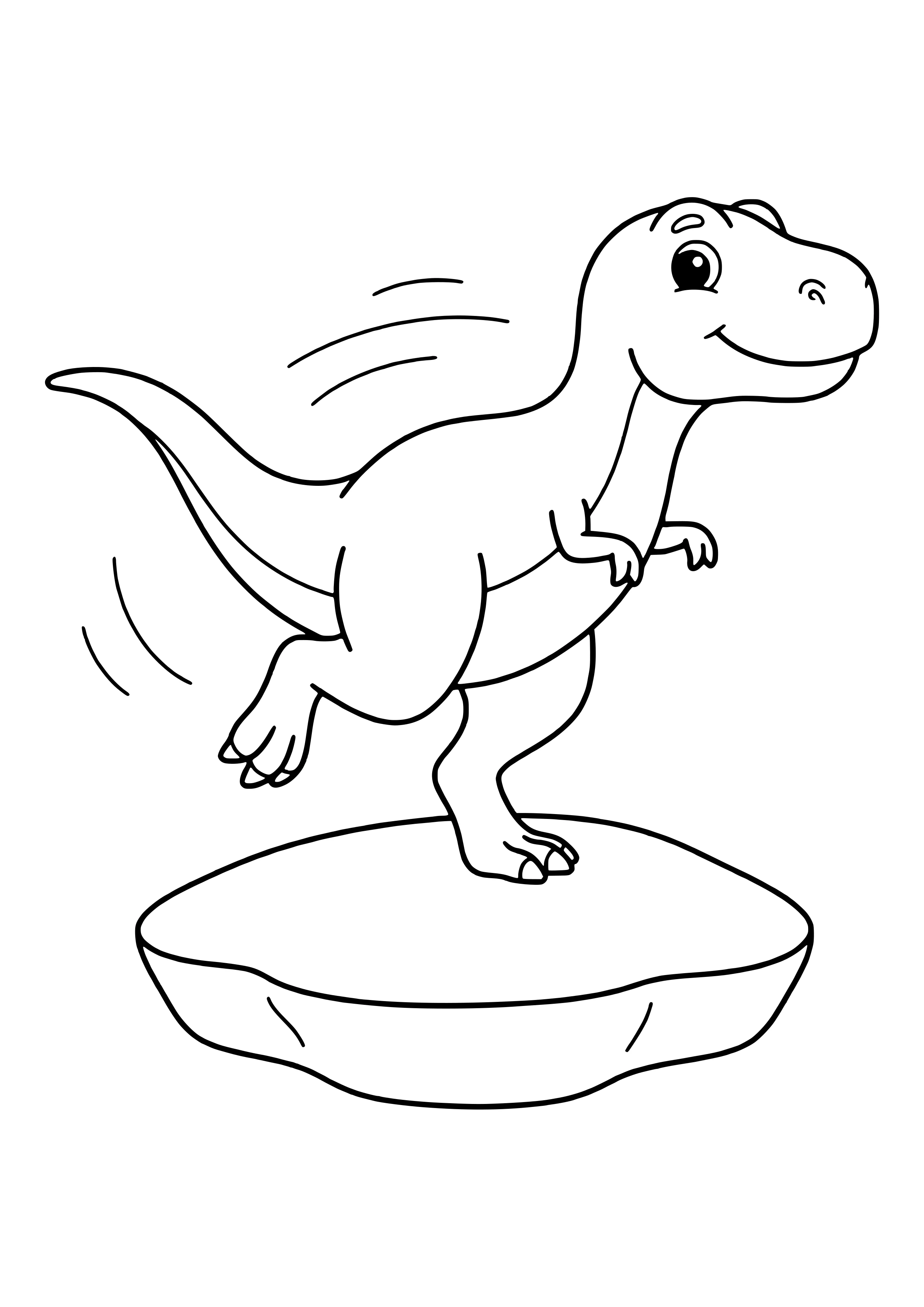 T-Rex running from left to right with one leg lifted and motion lines behind him – printable coloring page