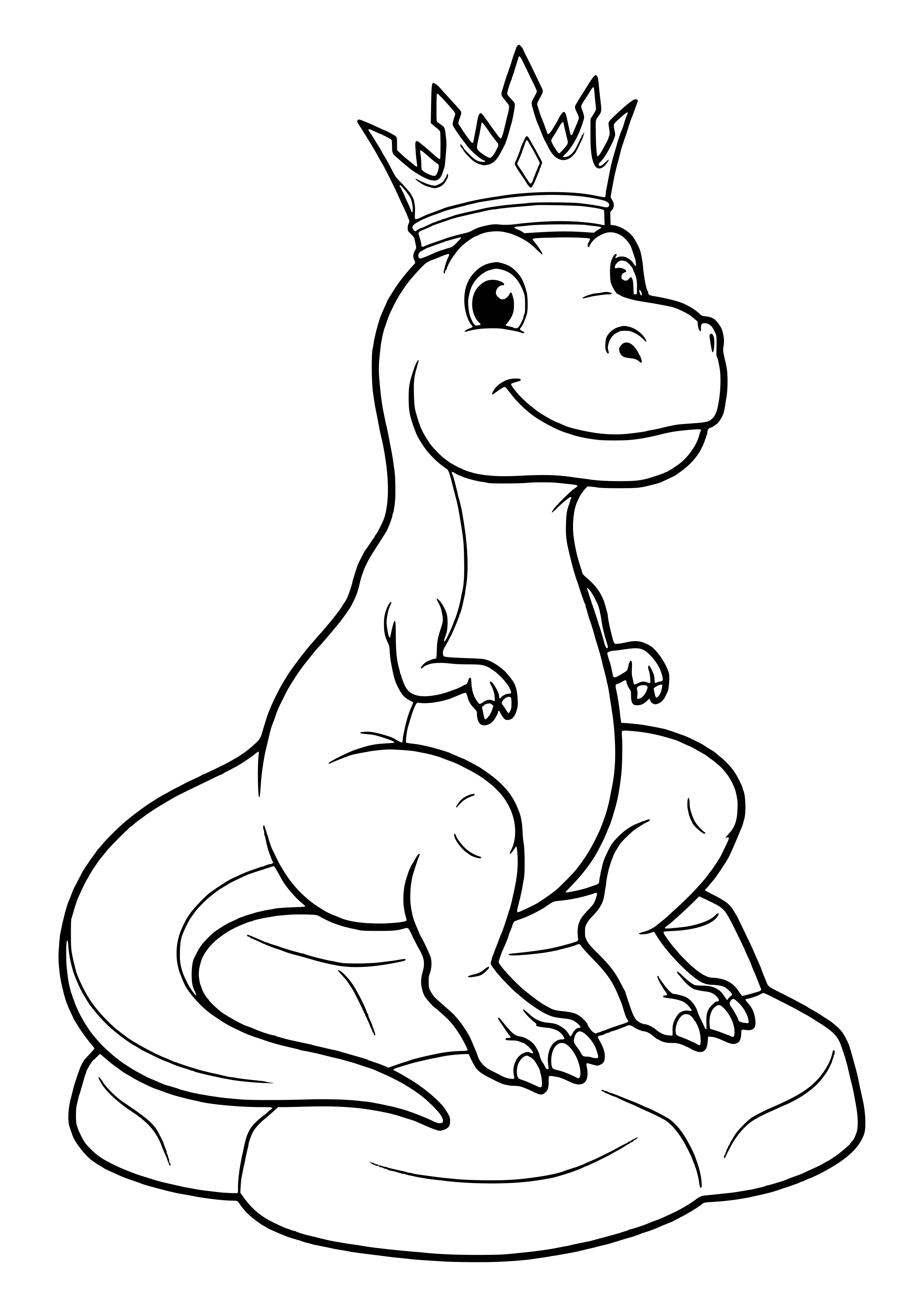 Proud T-Rex wearing a big spiky crown sitting on a rock throne – printable coloring page