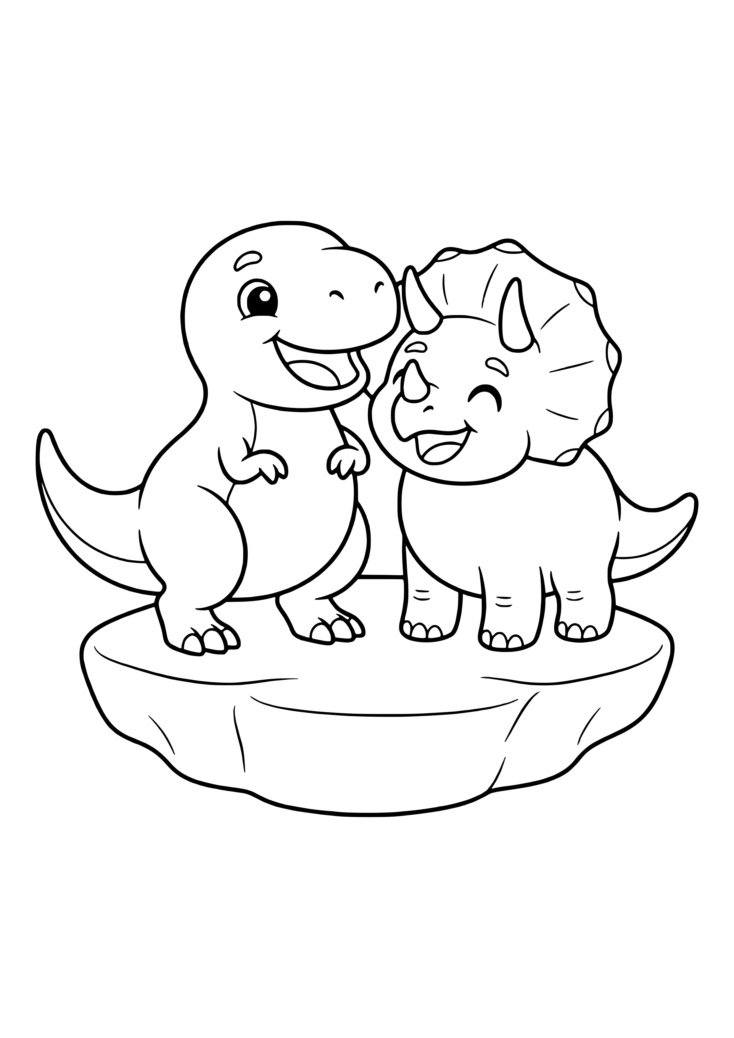 T-Rex and Triceratops standing side by side laughing as best friends – printable coloring page