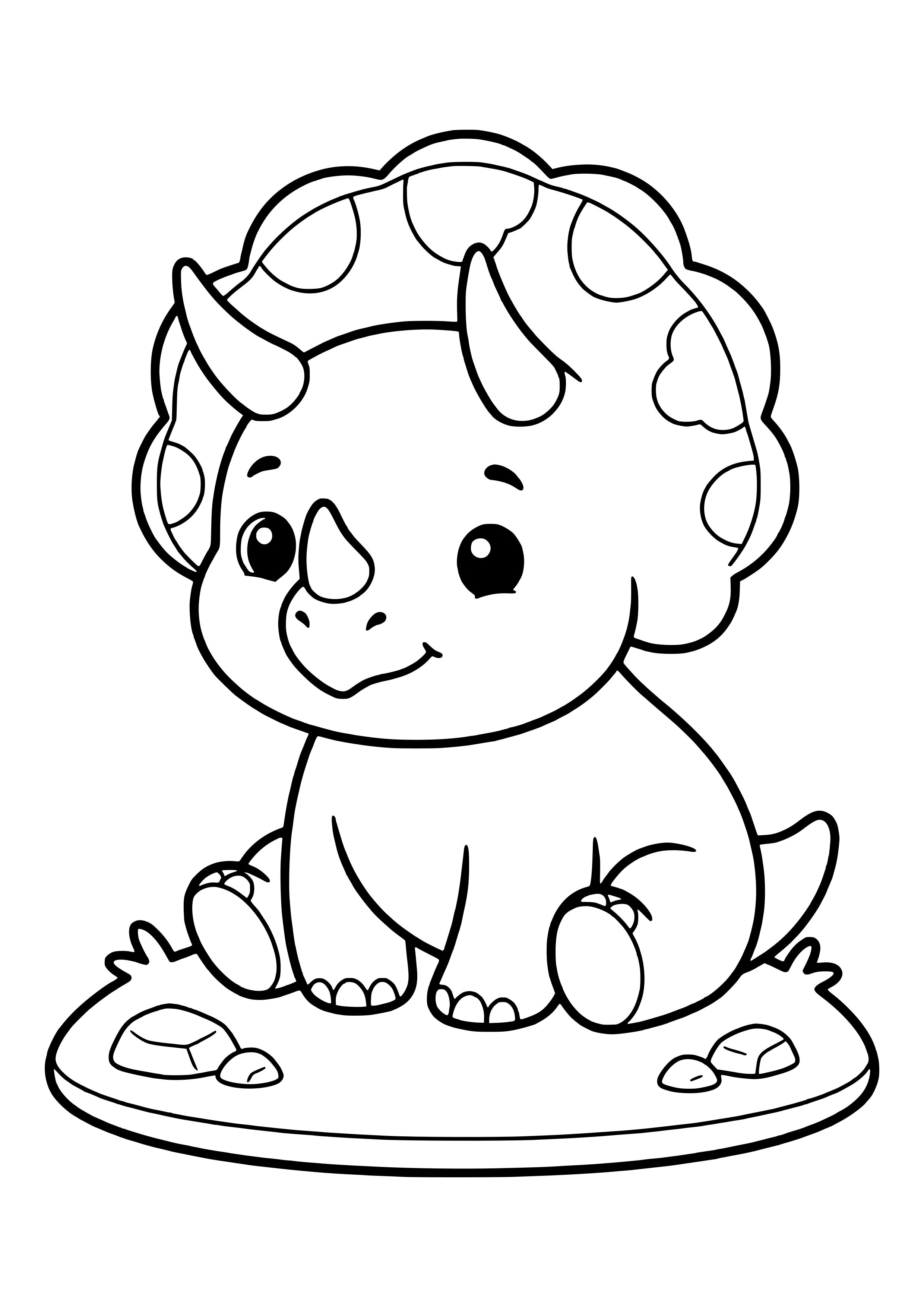 Kleines, rundliches Triceratops-Baby mit winzigen Hörnchen sitzt und lächelt – Ausmalbild zum Ausdrucken