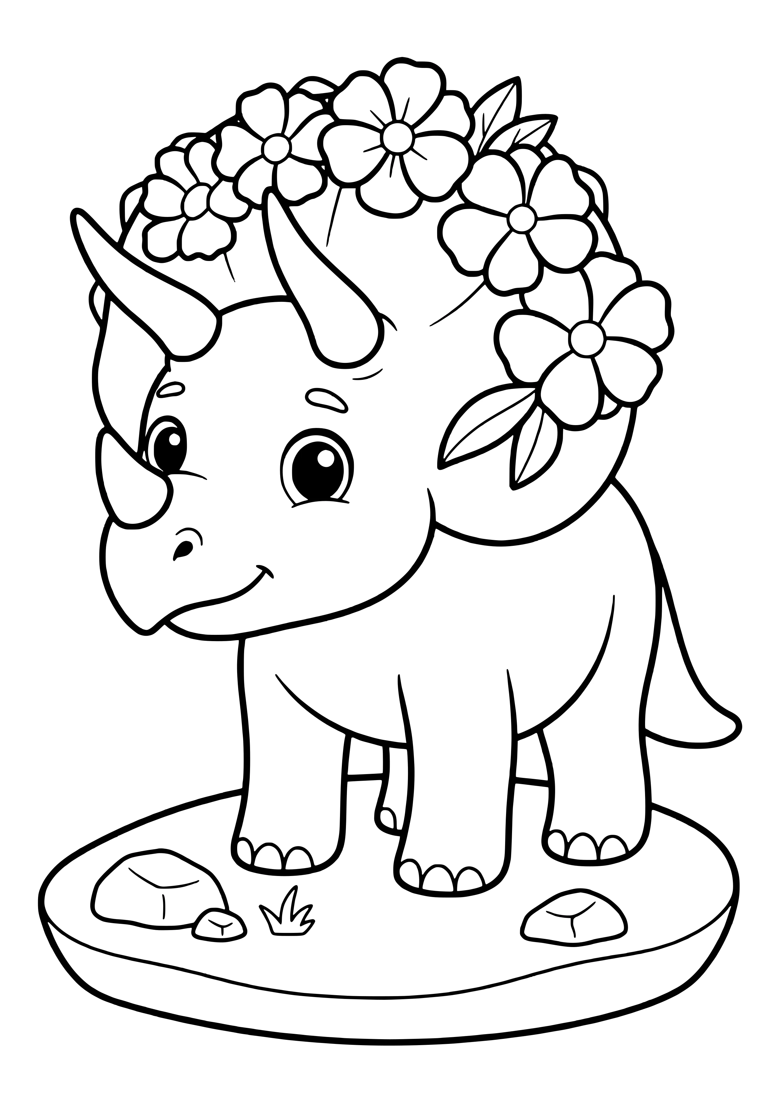 Triceratops wearing a crown of large flowers on its neck frill – printable coloring page