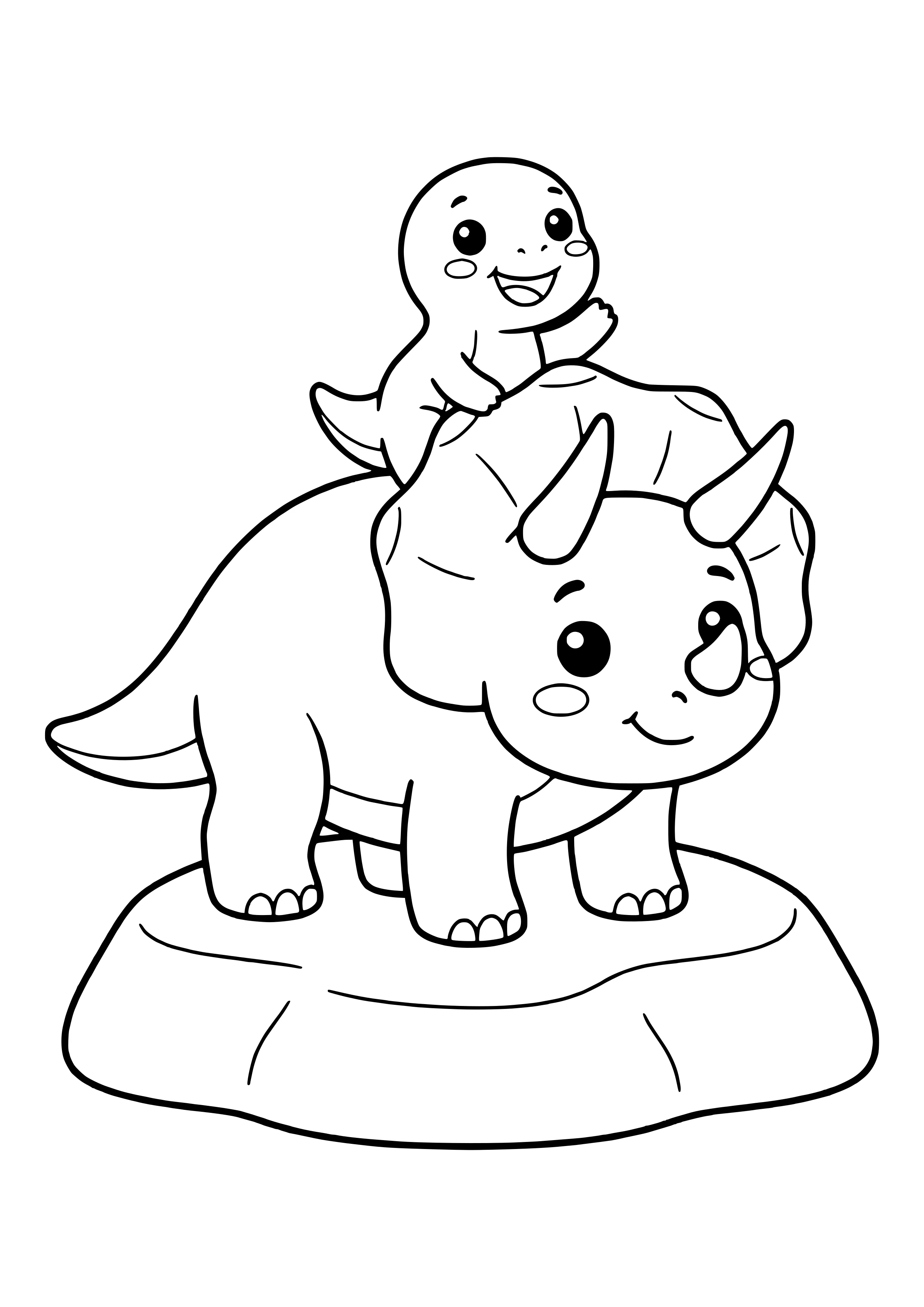 Kleiner Dino reitet fröhlich auf dem Rücken eines Triceratops – Ausmalbild zum Ausdrucken