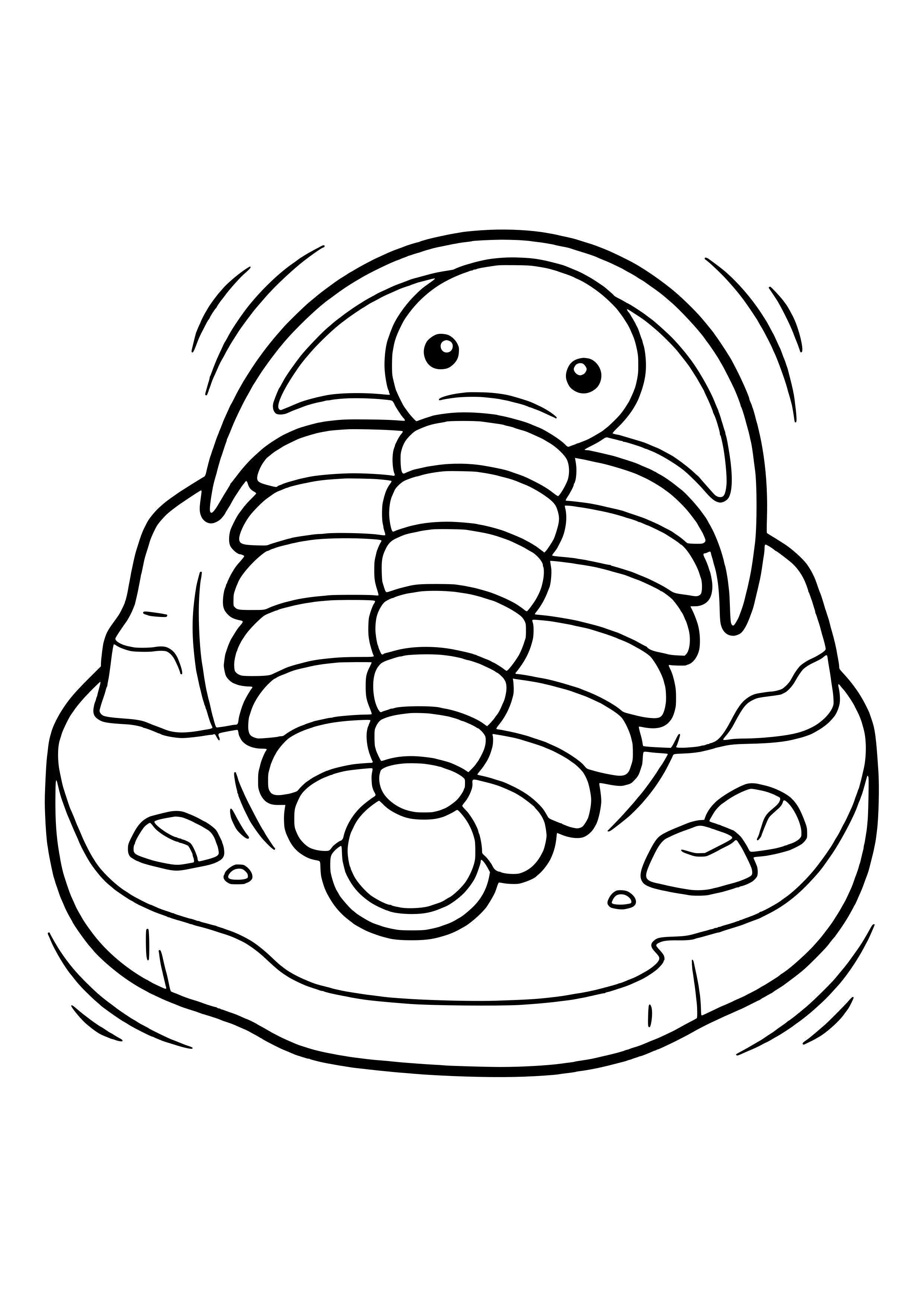Large trilobite fossil with many segments and a friendly face on a stone – printable coloring page